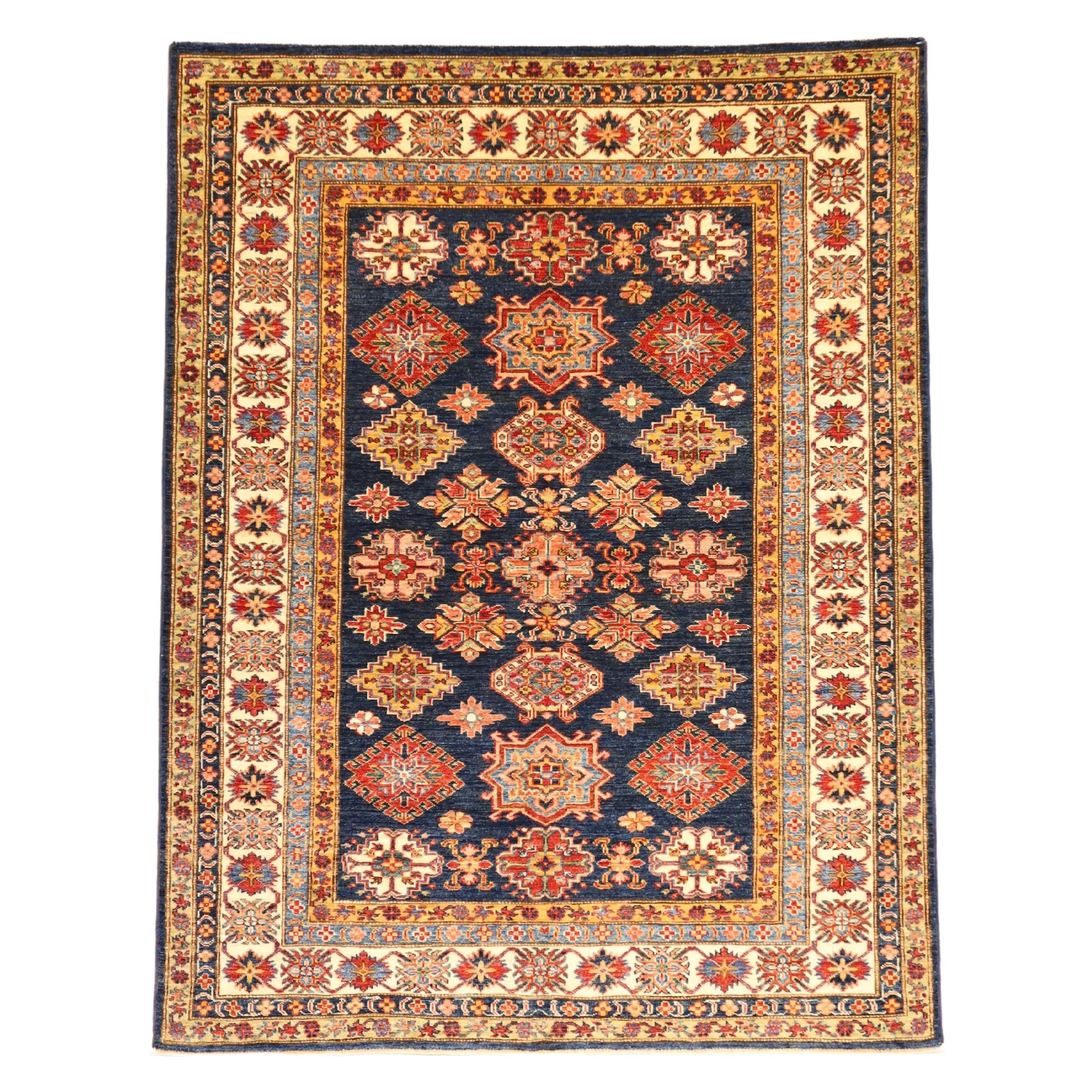 5' 0" x 6' 4" NAVY AND IVORY KAZAK GEOMETRIC PAKISTANI RUG