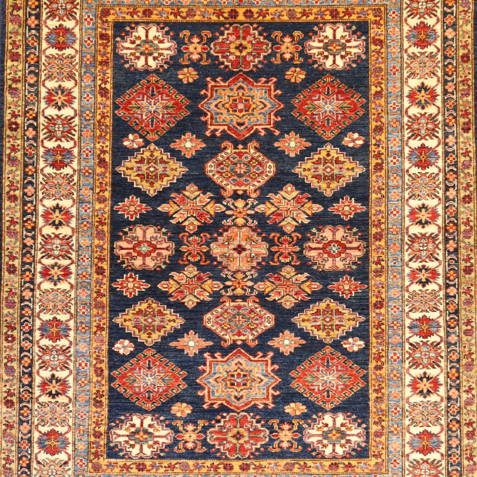 5' 0" x 6' 4" NAVY AND IVORY KAZAK GEOMETRIC PAKISTANI RUG