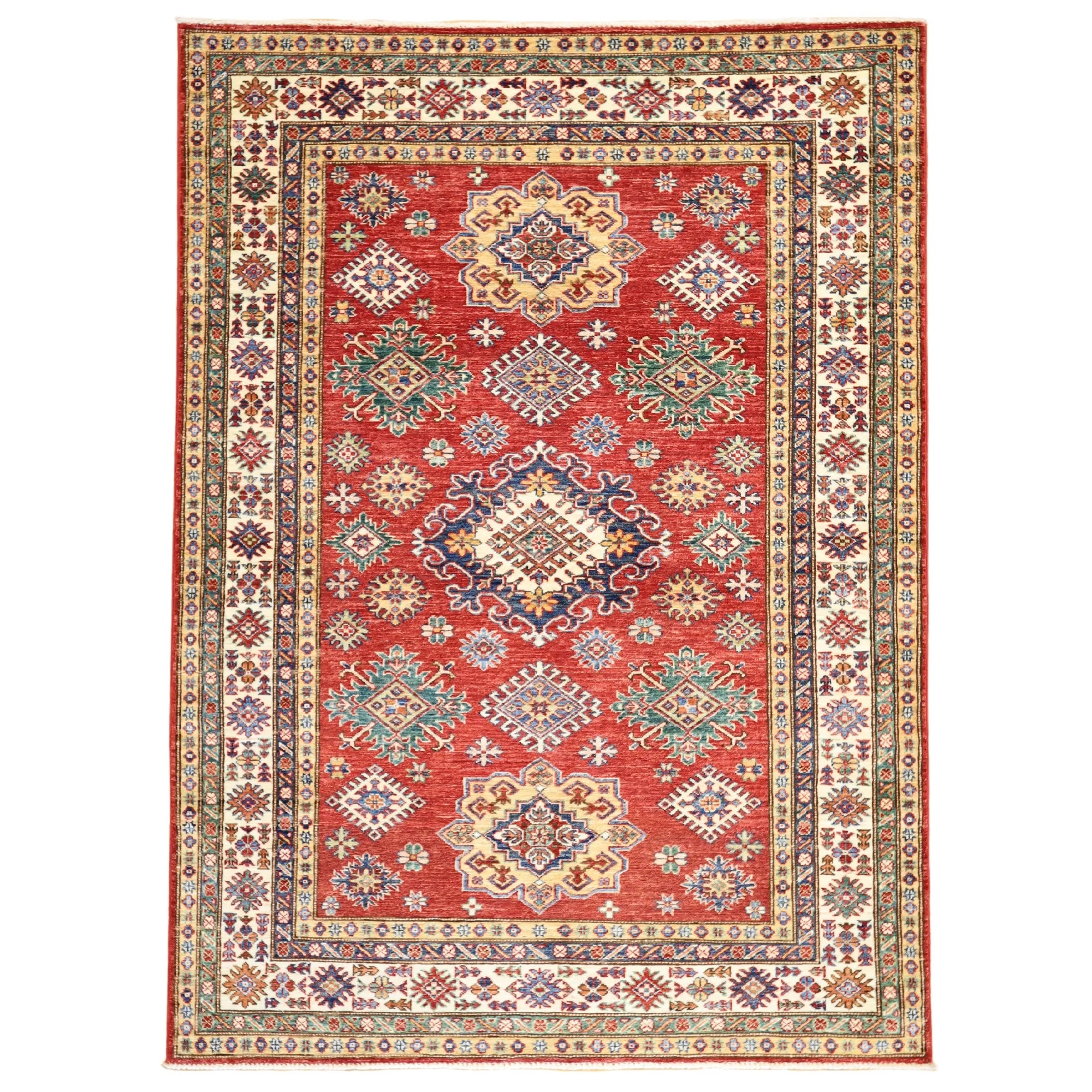 5' 0" x 7' 0" RED AND IVORY KAZAK GEOMETRIC PAKISTANI RUG