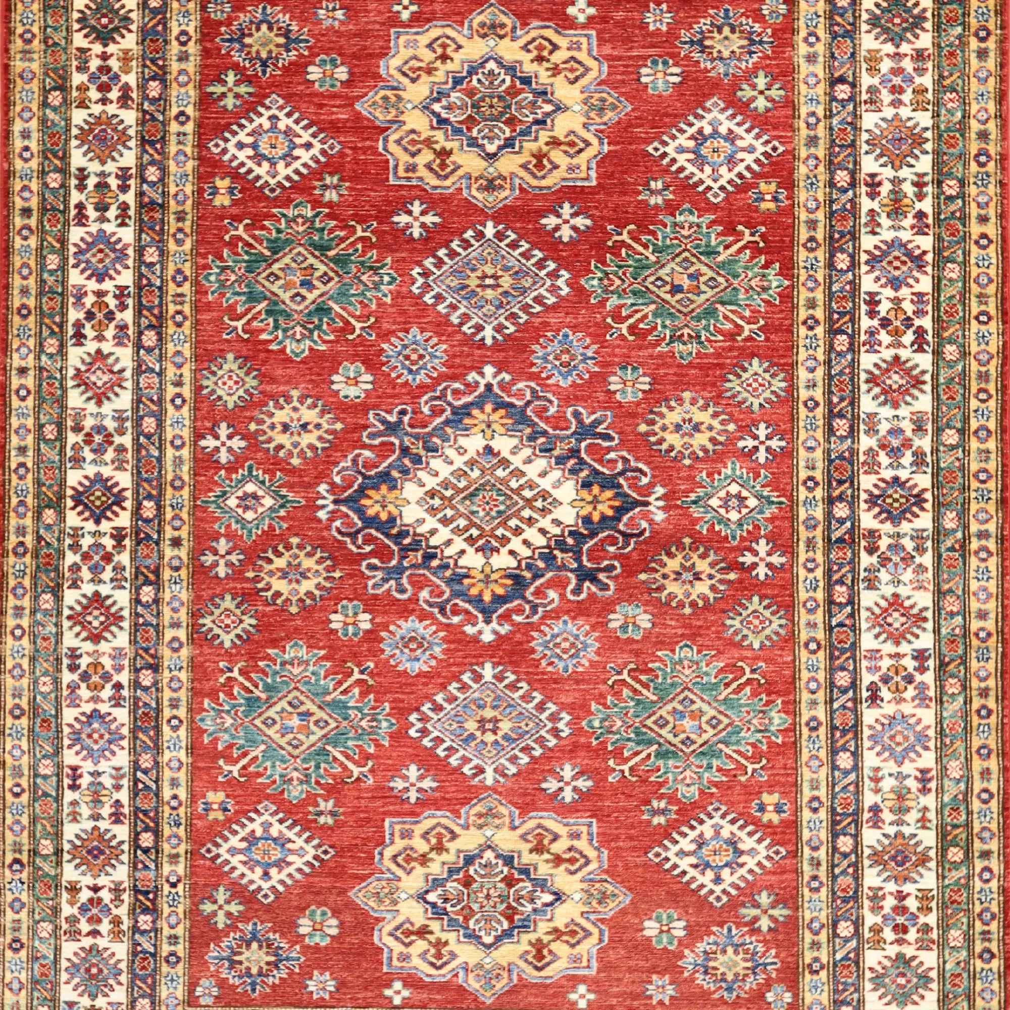 5' 0" x 7' 0" RED AND IVORY KAZAK GEOMETRIC PAKISTANI RUG
