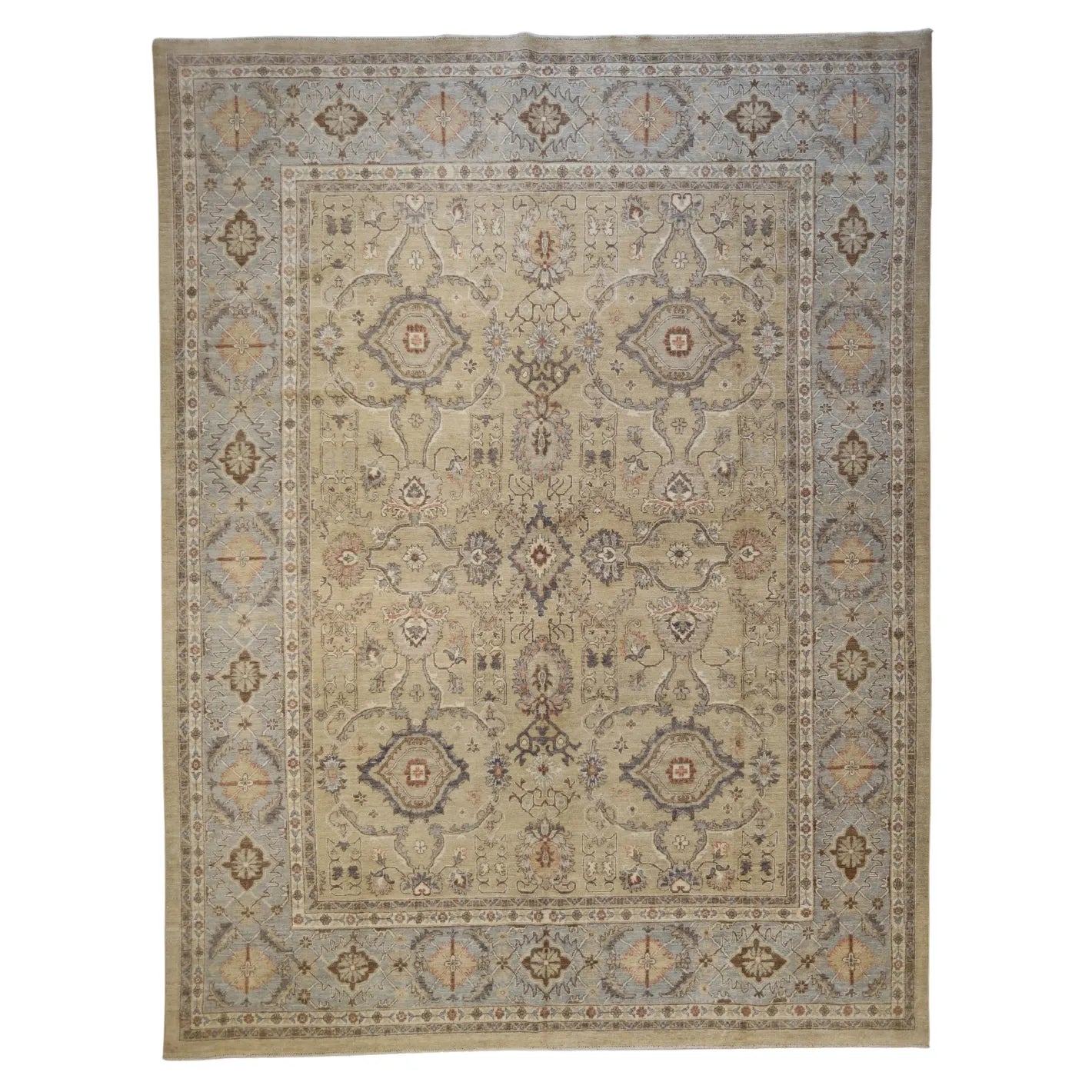 9'1" x 12'0" BEIGE AND BLUE PESHAWAR GEOMETRIC PAKISTANI RUG