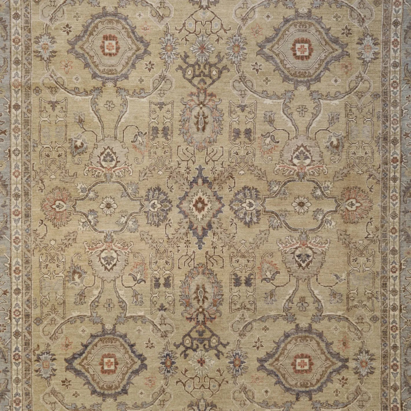 9'1" x 12'0" BEIGE AND BLUE PESHAWAR GEOMETRIC PAKISTANI RUG