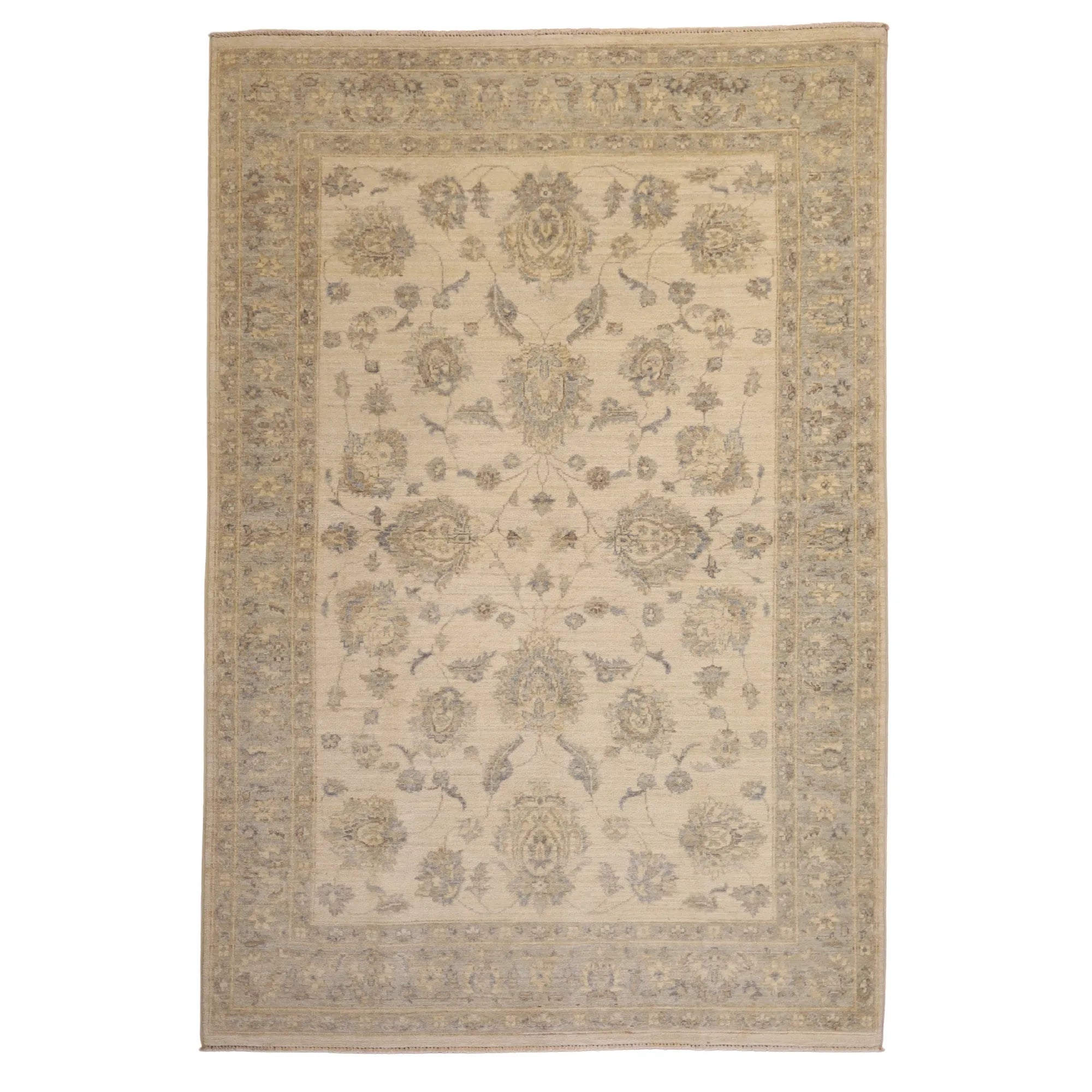 4' 10" x 7' 3" BEIGE AND BLUE PESHAWAR GEOMETRIC PAKISTANI RUG