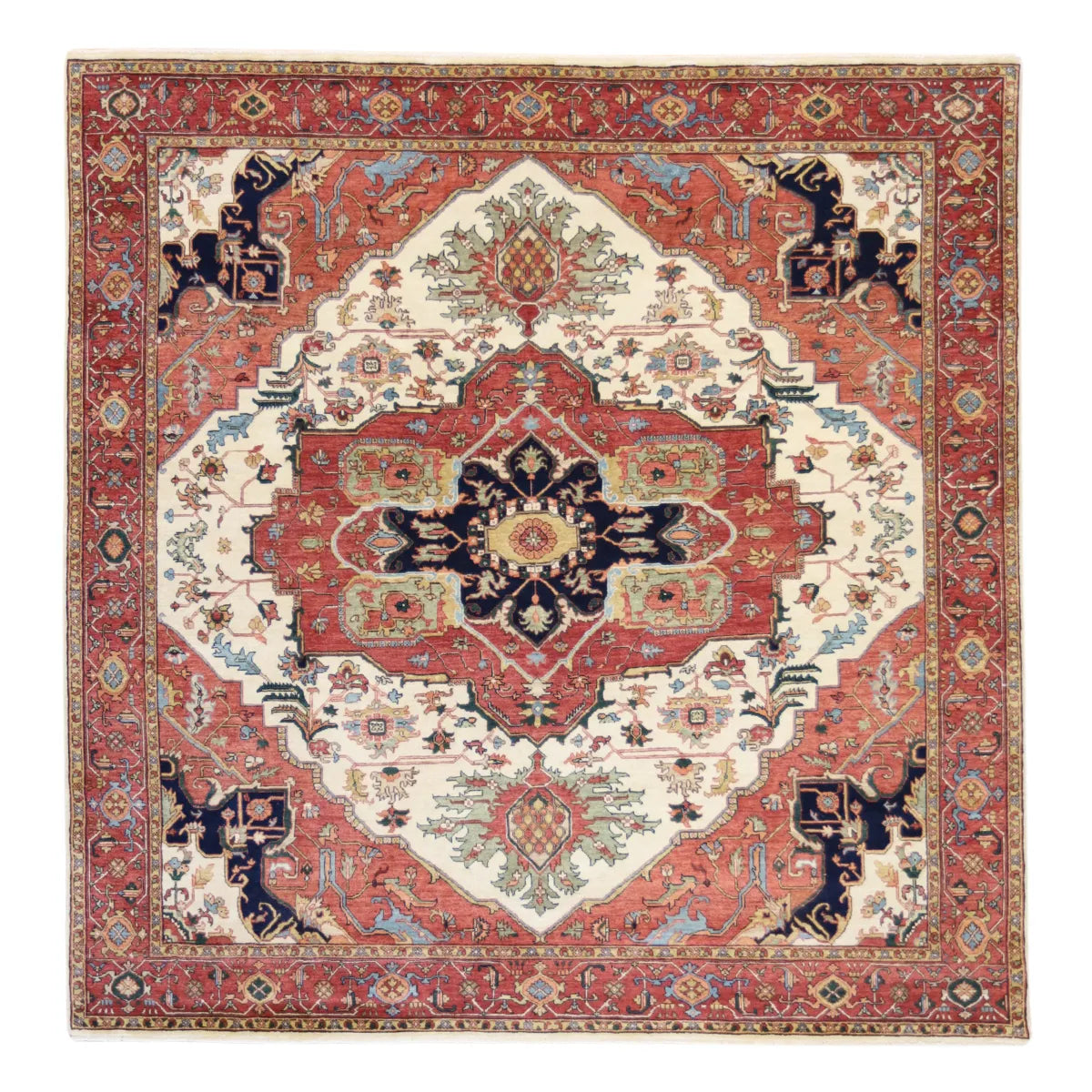 7' 9" x 7' 11" - IVORY AND RED SERAPI GEOMETRIC INDIAN RUG