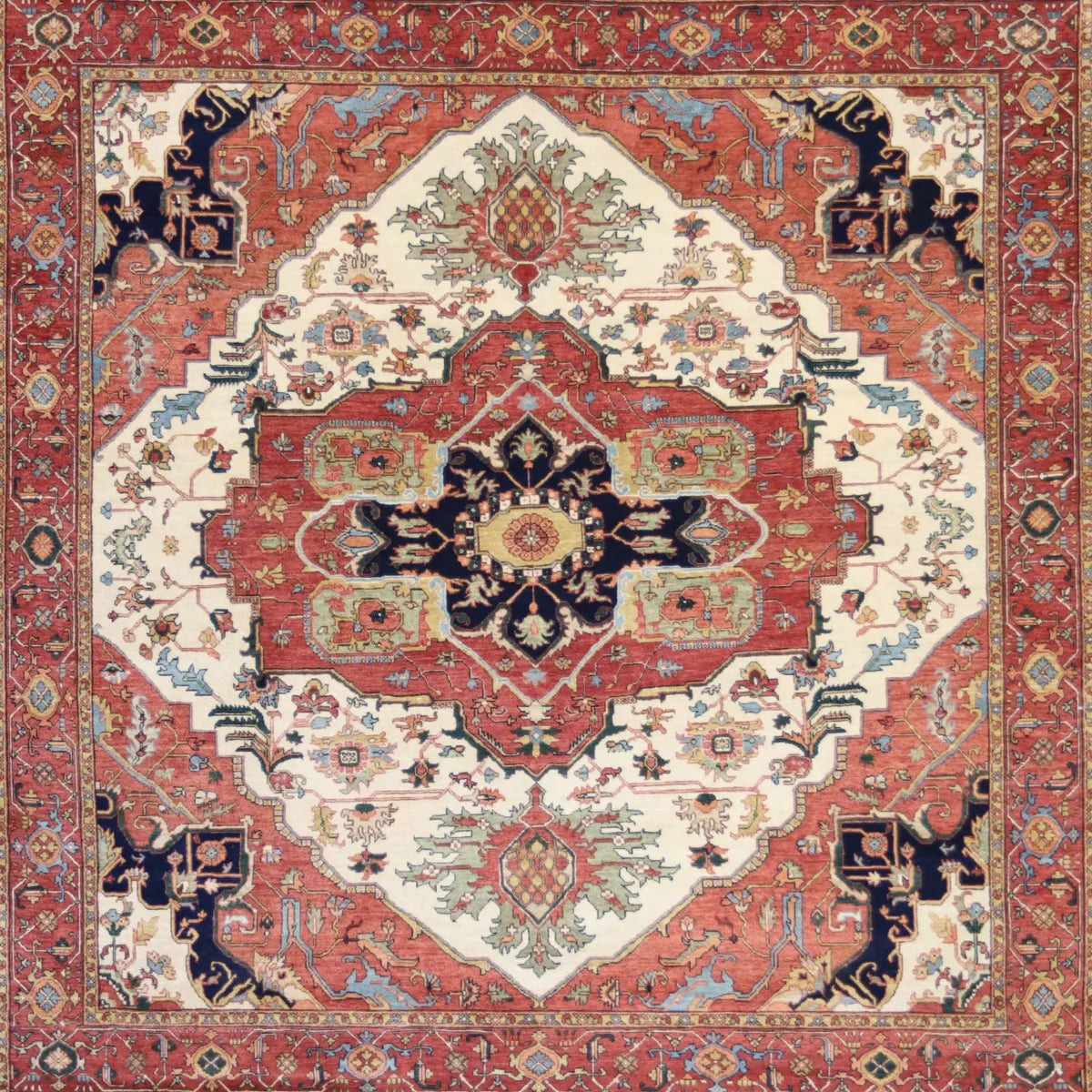 7' 9" x 7' 11" - IVORY AND RED SERAPI GEOMETRIC INDIAN RUG