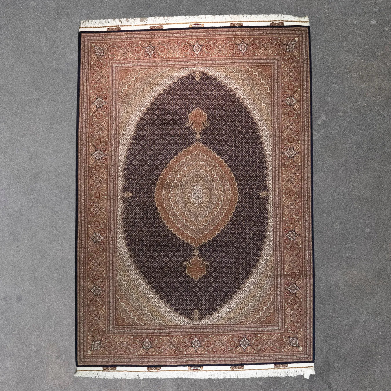 8' 3" x 11' 9" - GREEN AND BEIGE TABRIZ FISH DESIGN PERSIAN RUG ( 251 x 358 CM )