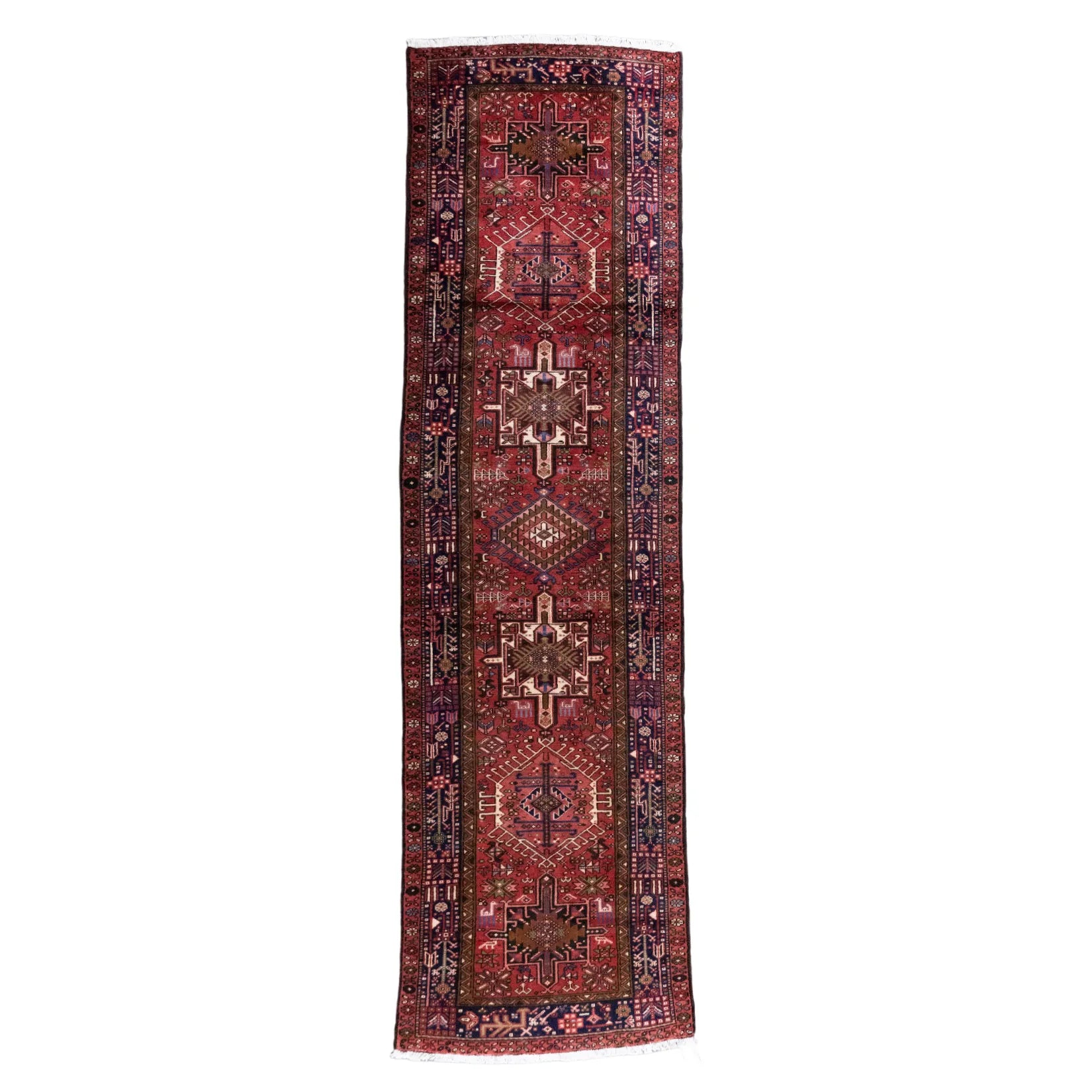 3' 3" x 12' 1" - RED AND RED KARAJEH GEOMETRIC PERSIAN RUG ( 99 x 368 CM )