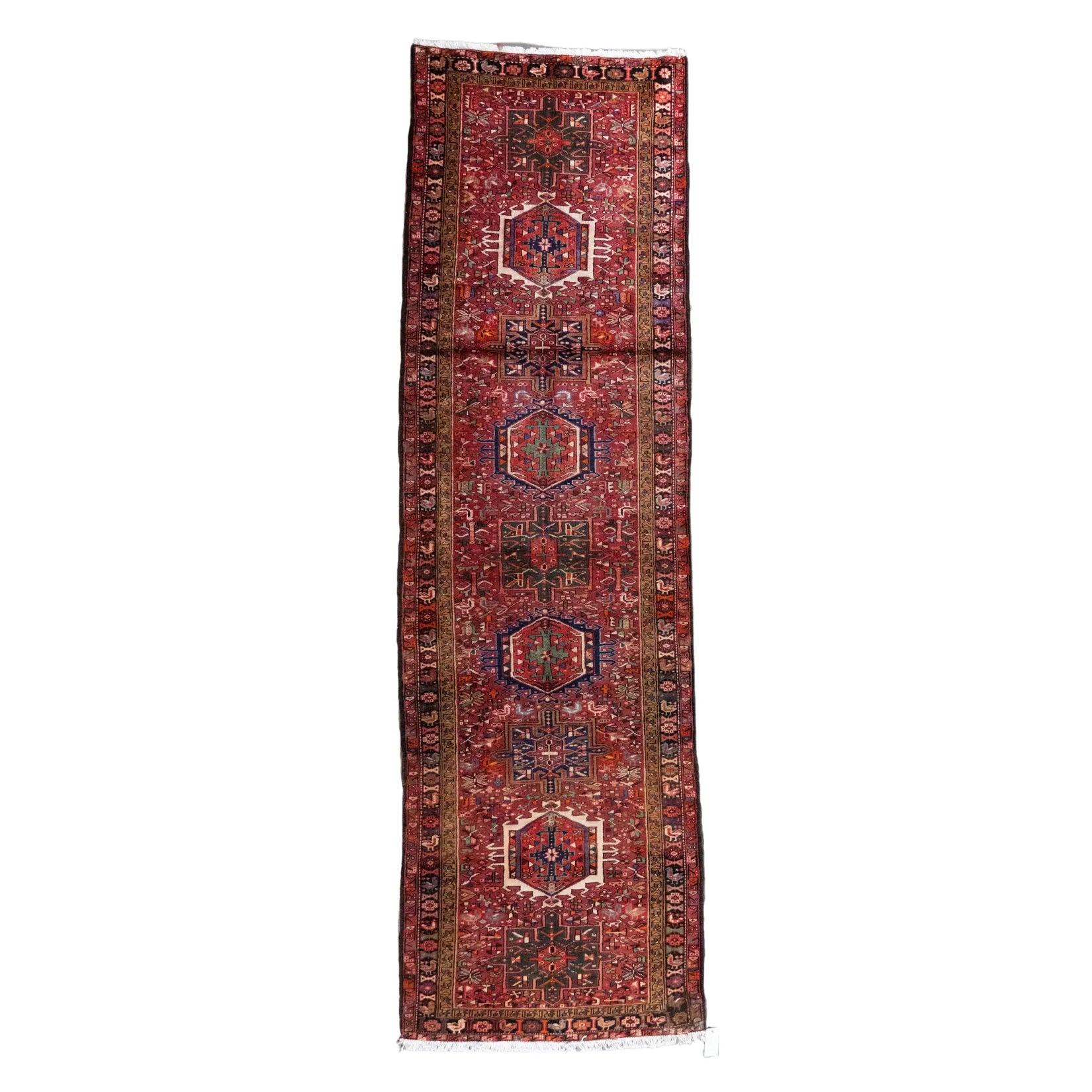 3' 9" x 12' 10" - RED AND NAVY KARAJEH GEOMETRIC PERSIAN RUG ( 114 x 391 CM )