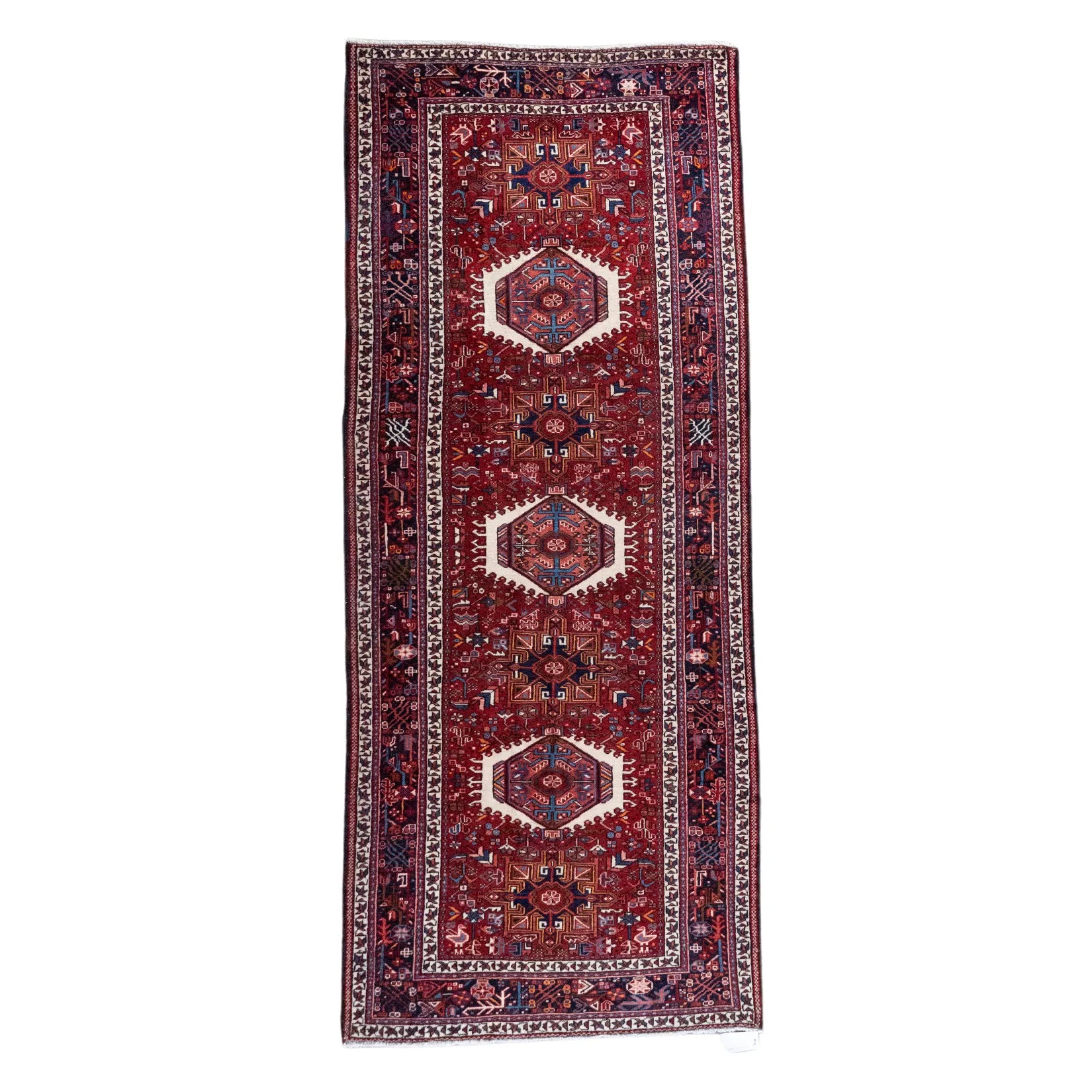 3' 10" x 9' 5" - RUST AND BLUE KARAJEH GEOMETRIC PERSIAN RUG ( 117 x 287 CM )