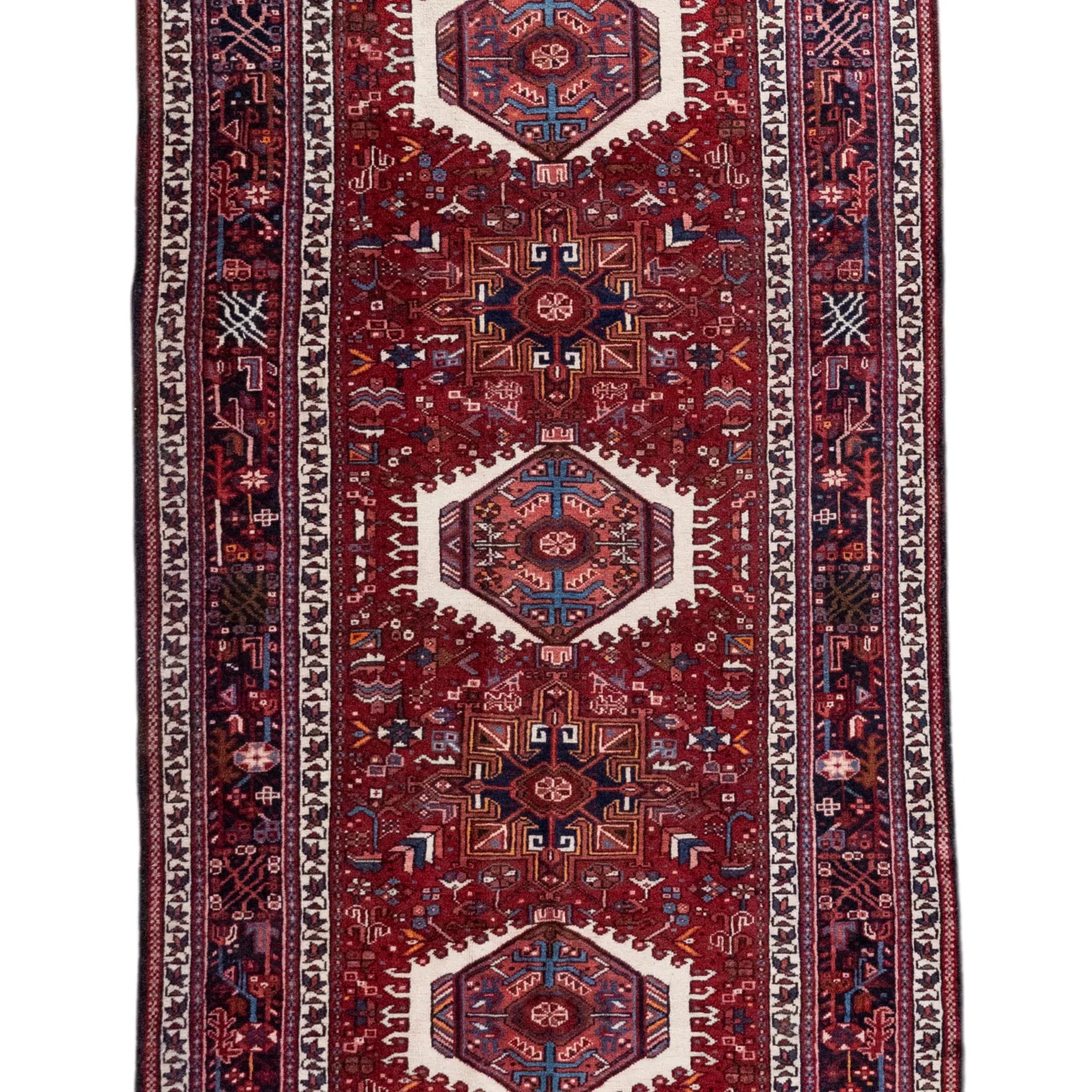 3' 10" x 9' 5" - RUST AND BLUE KARAJEH GEOMETRIC PERSIAN RUG ( 117 x 287 CM )