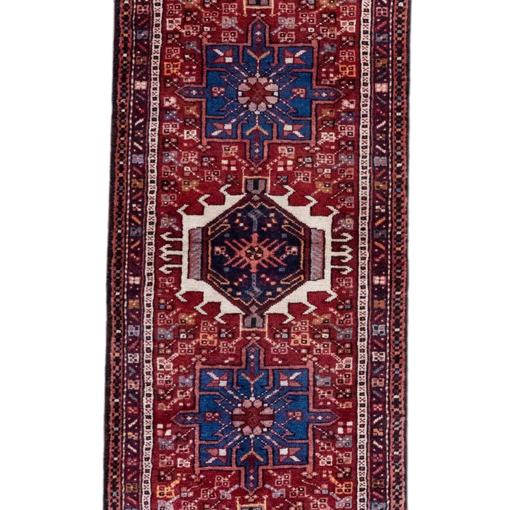 2' 3" x 8' 11" - BLUE AND RED KARAJEH GEOMETRIC PERSIAN RUG ( 68 x 272 CM )