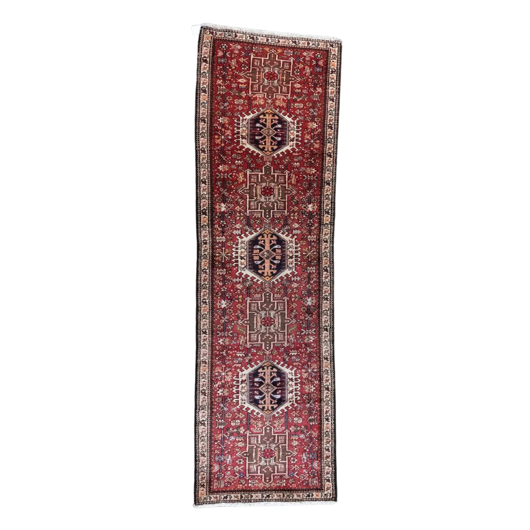 2' 8" x 8' 9" - RED AND BLUE KARAJEH GEOMETRIC PERSIAN RUG ( 81 x 267 CM )