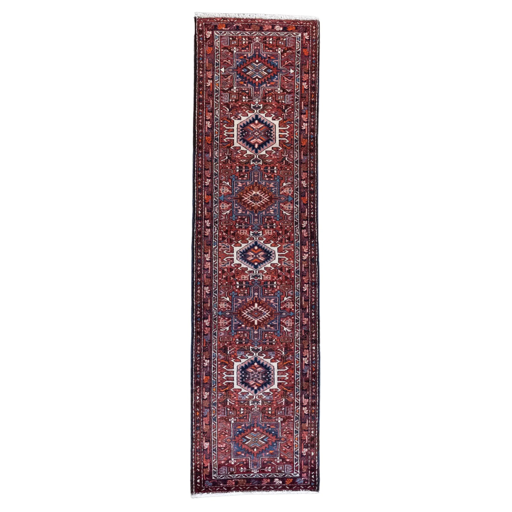 2' 4" x 8' 11" - RED AND NAVY KARAJEH GEOMETRIC PERSIAN RUG ( 71 x 272 CM )