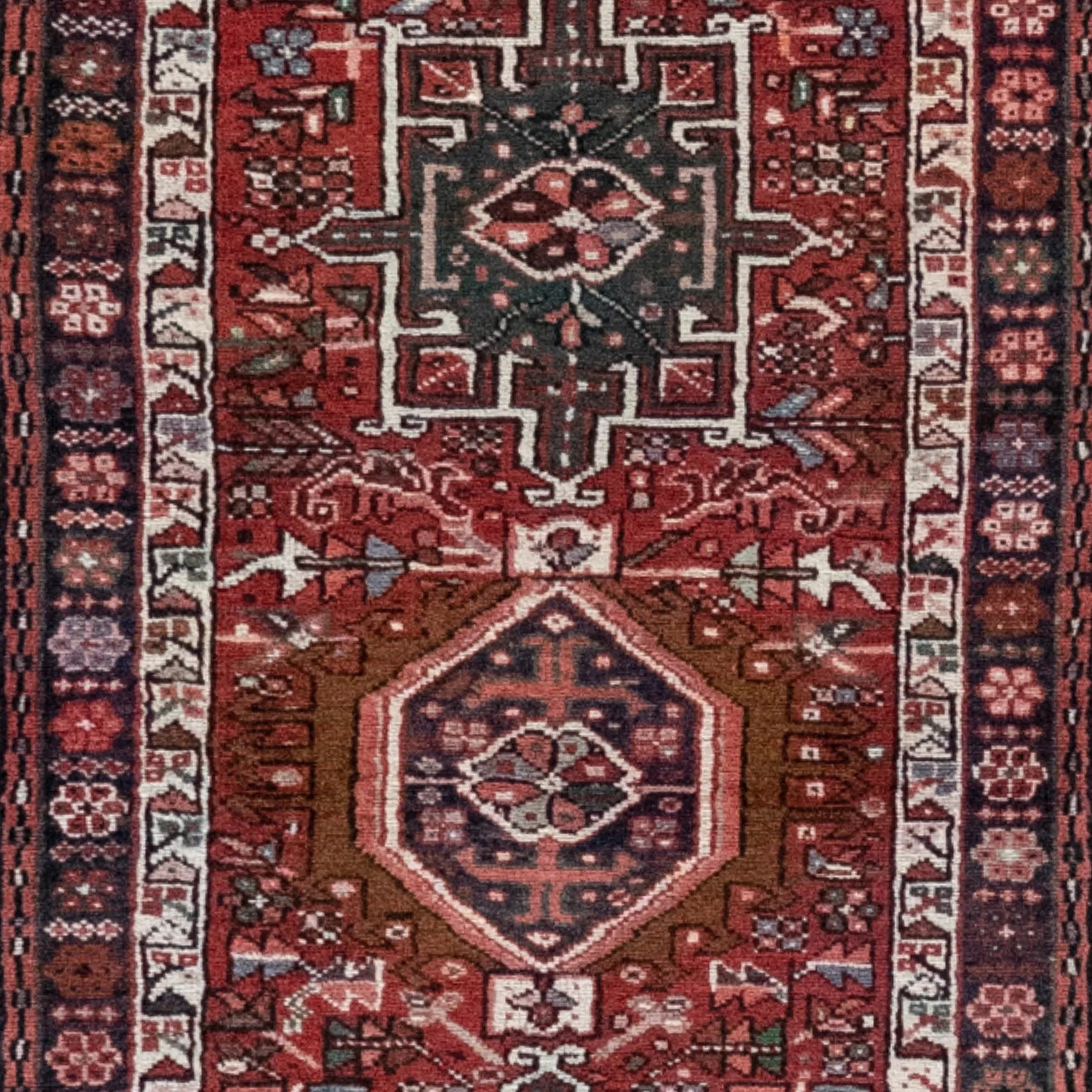 2' 4" x 9' 4" - RED AND NAVY KARAJEH GEOMETRIC PERSIAN RUG ( 71 x 284 CM )