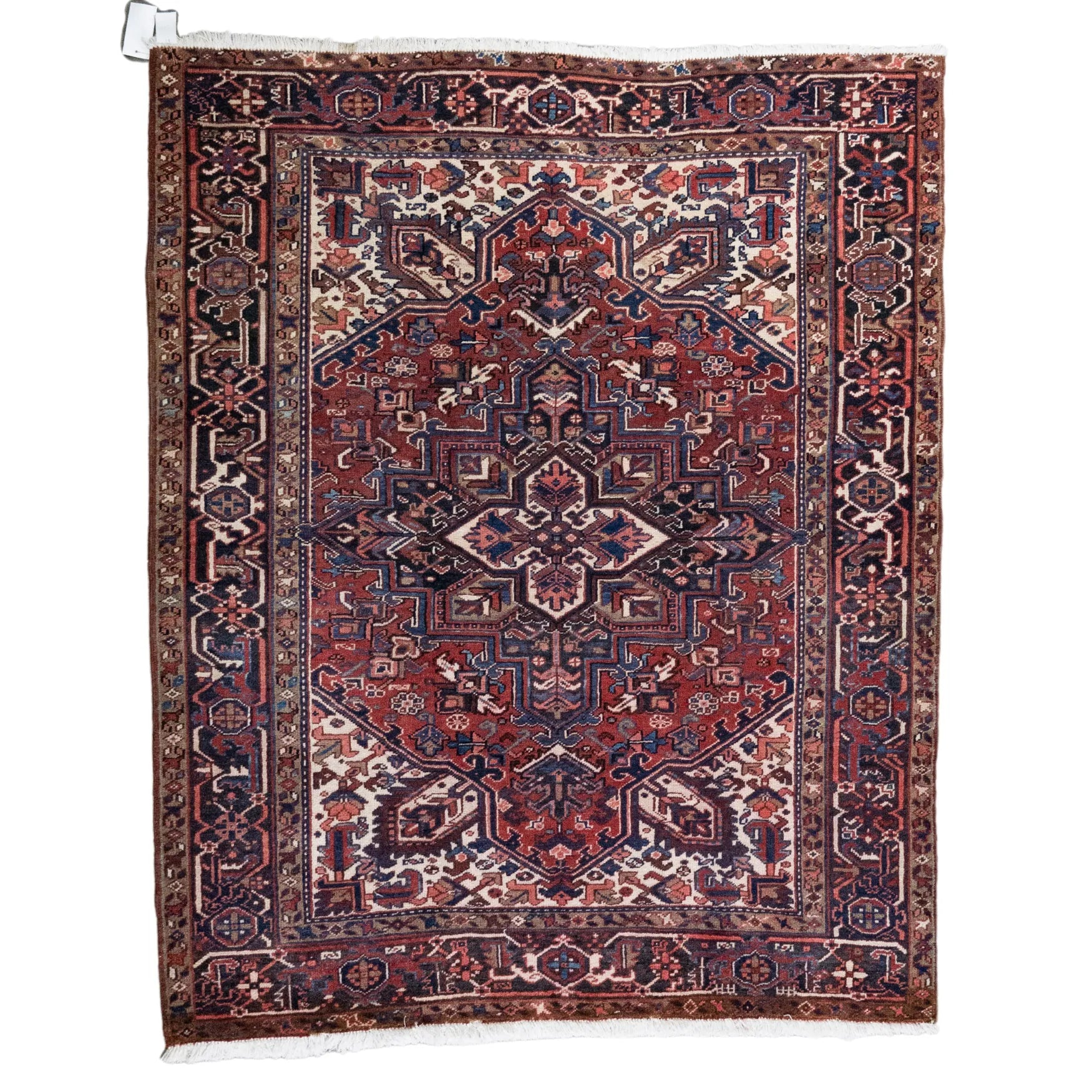 5' 3" x 6' 6" - RED AND NAVY HERIZ GEOMETRIC PERSIAN RUG ( 160 x 198 CM )