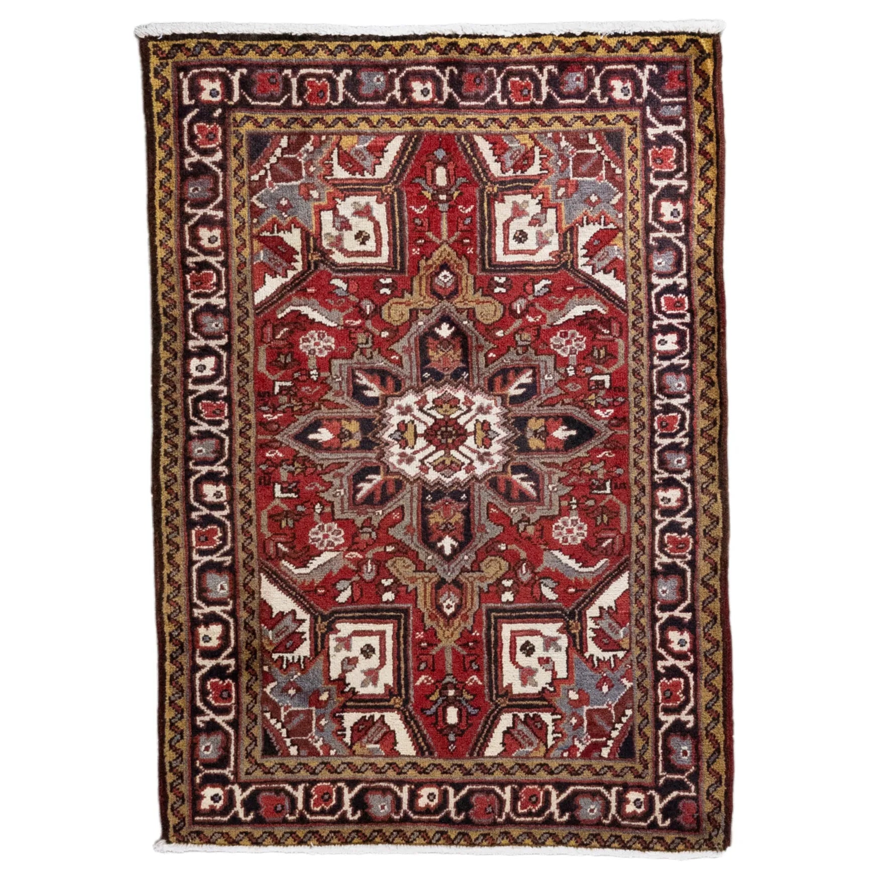 3' 1" x 4' 5" - RED AND NAVY HERIZ GEOMETRIC PERSIAN RUG ( 94 x 134 CM )