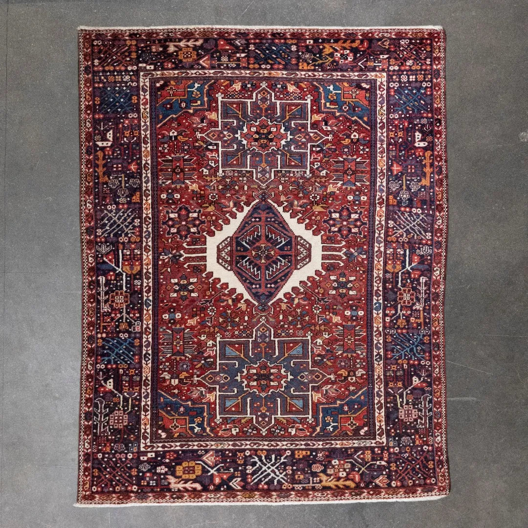 4' 11" x 6' 4" - NAVY AND RED KARAJEH GEOMETRIC PERSIAN RUG ( 150 x 193 CM )