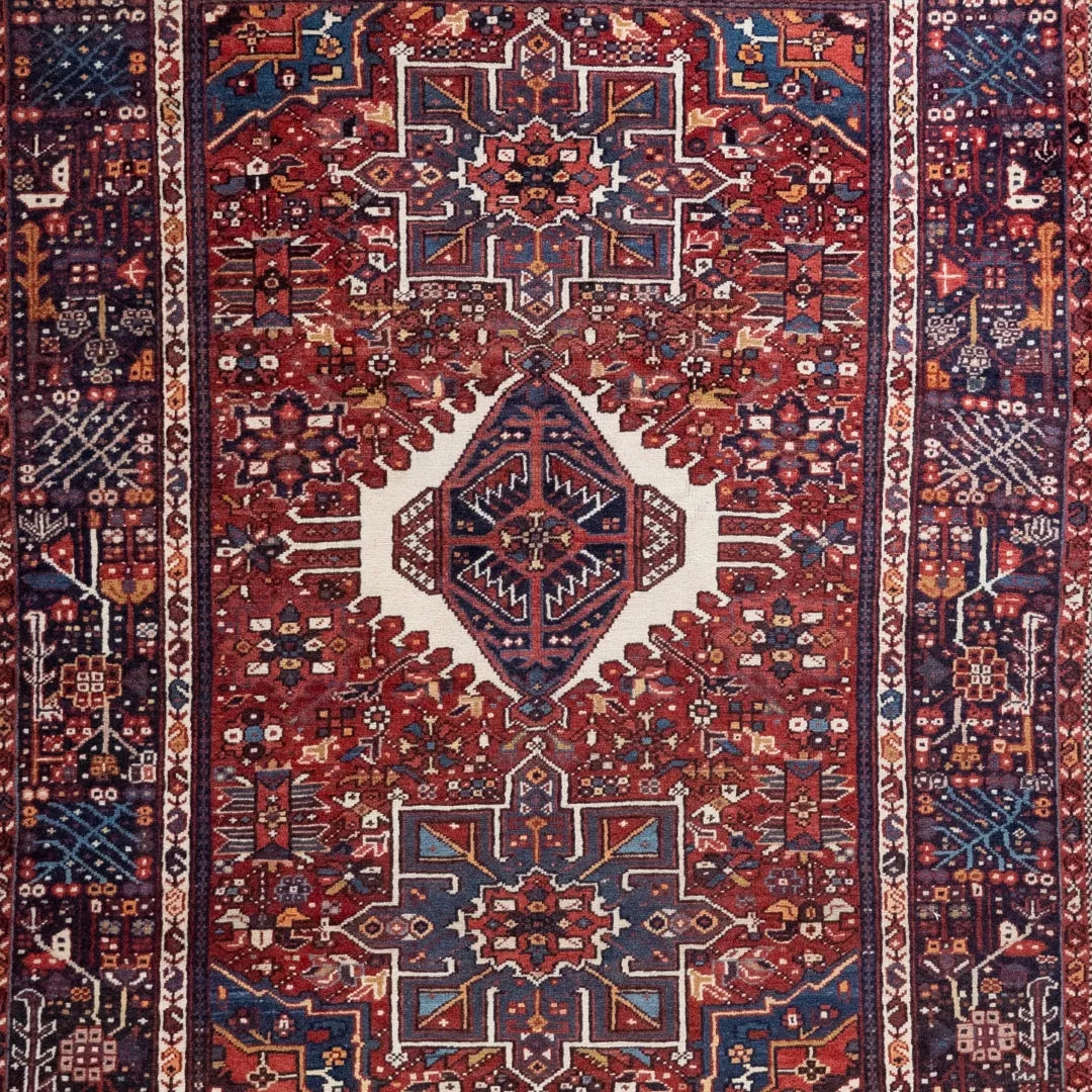 4' 11" x 6' 4" - NAVY AND RED KARAJEH GEOMETRIC PERSIAN RUG ( 150 x 193 CM )