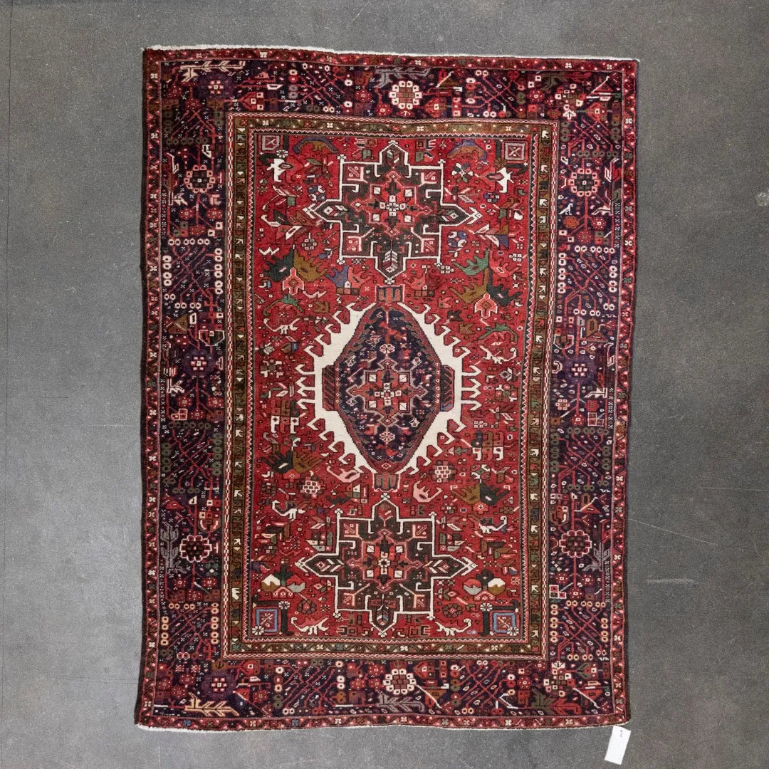 4' 9" x 6' 6" - RED AND NAVY KARAJEH GEOMETRIC PERSIAN RUG ( 145 x 198 CM )