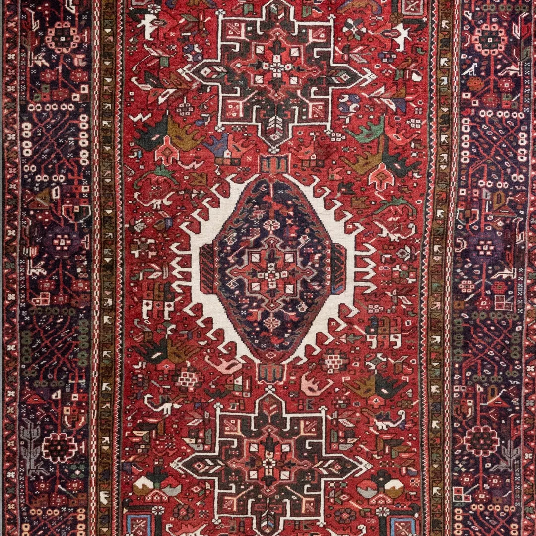 4' 9" x 6' 6" - RED AND NAVY KARAJEH GEOMETRIC PERSIAN RUG ( 145 x 198 CM )