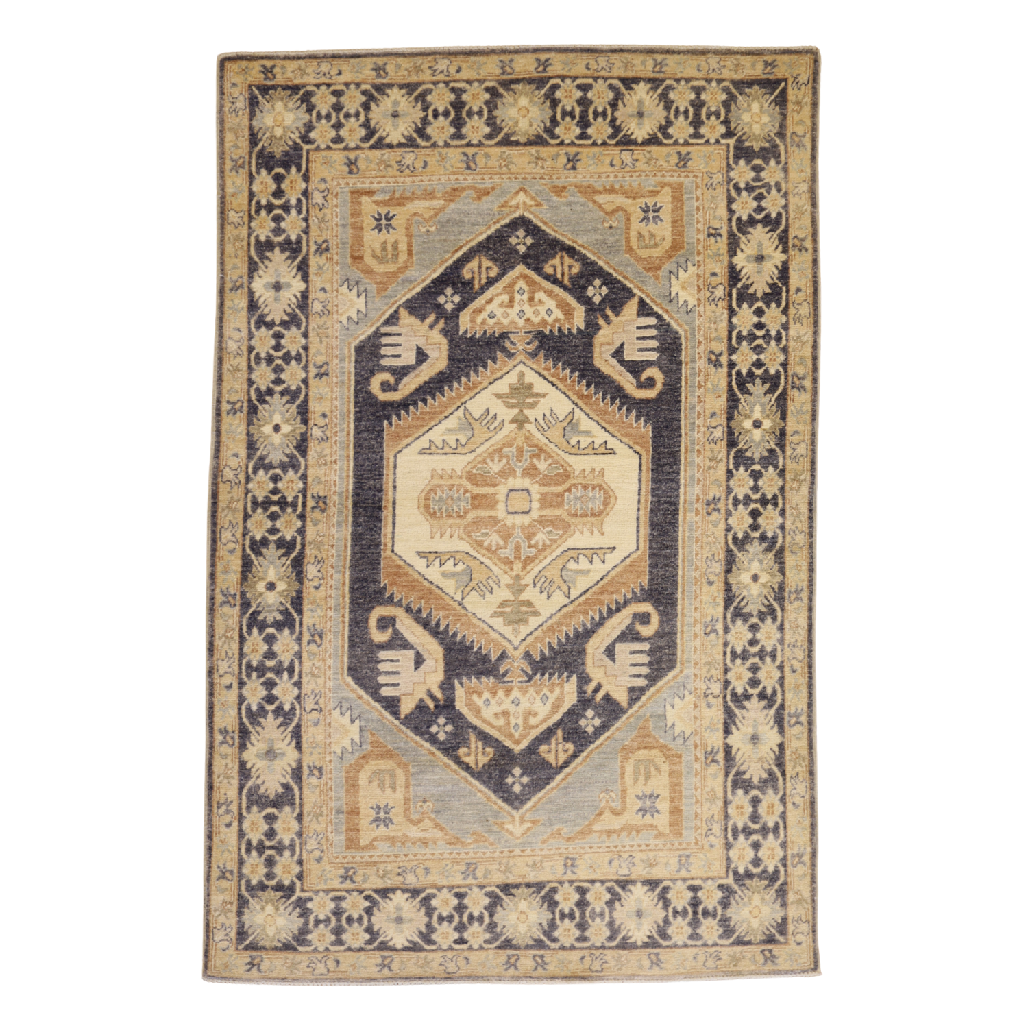4'0" x 6'1" NAVY AND NAVY PESHAWAR GEOMETRIC PAKISTANI RUG