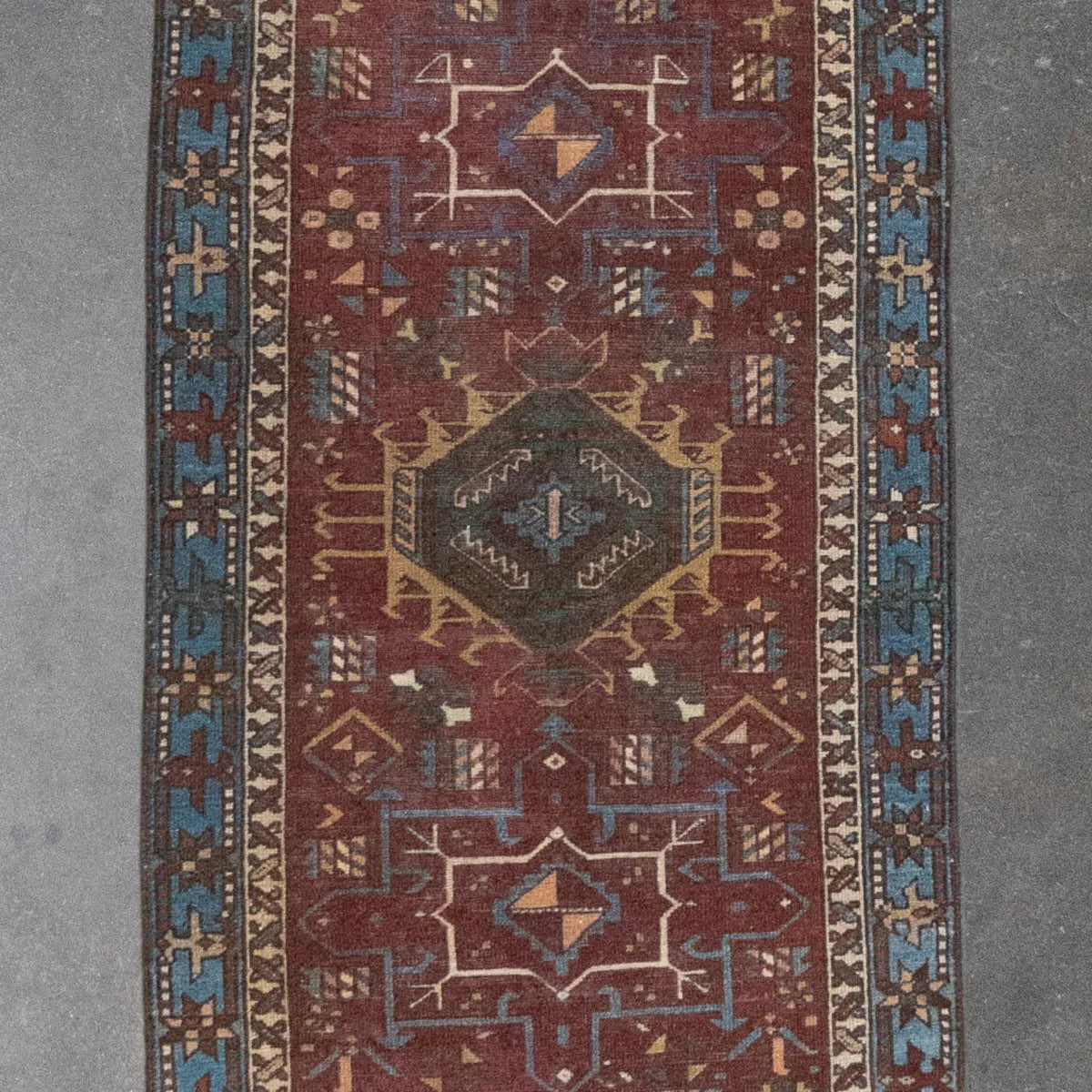 2' 7" x 10' 2" - RED AND GREEN KARAJEH GEOMETRIC PERSIAN RUG ( 79 x 310 CM )