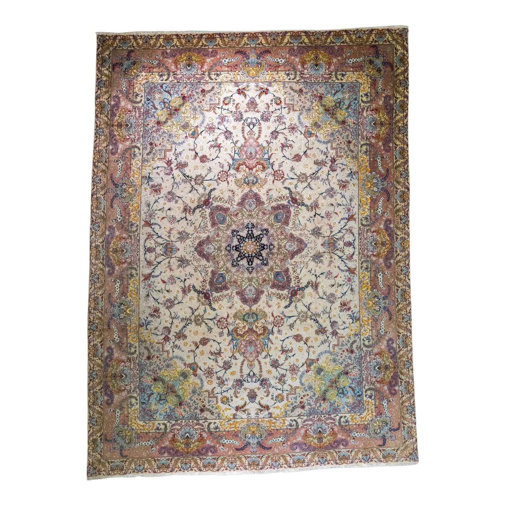 9' 7" x 13' 3" - BEIGE AND ROSE TABRIZ FLORAL PERSIAN RUG ( 292 x 404 CM )