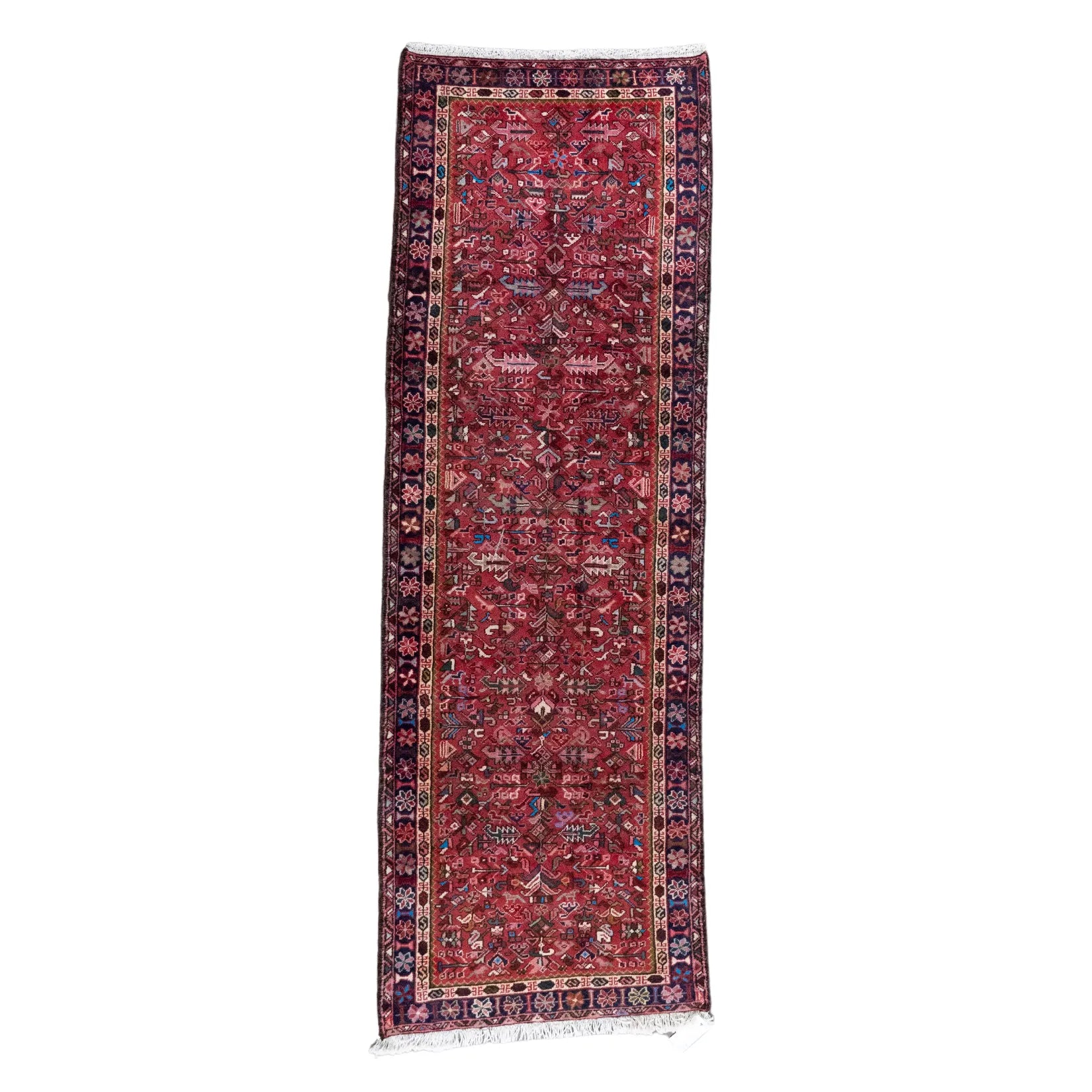 2' 11" x 8' 10" - RED AND NAVY KARAJEH GEOMETRIC PERSIAN RUG ( 89 x 269 CM )