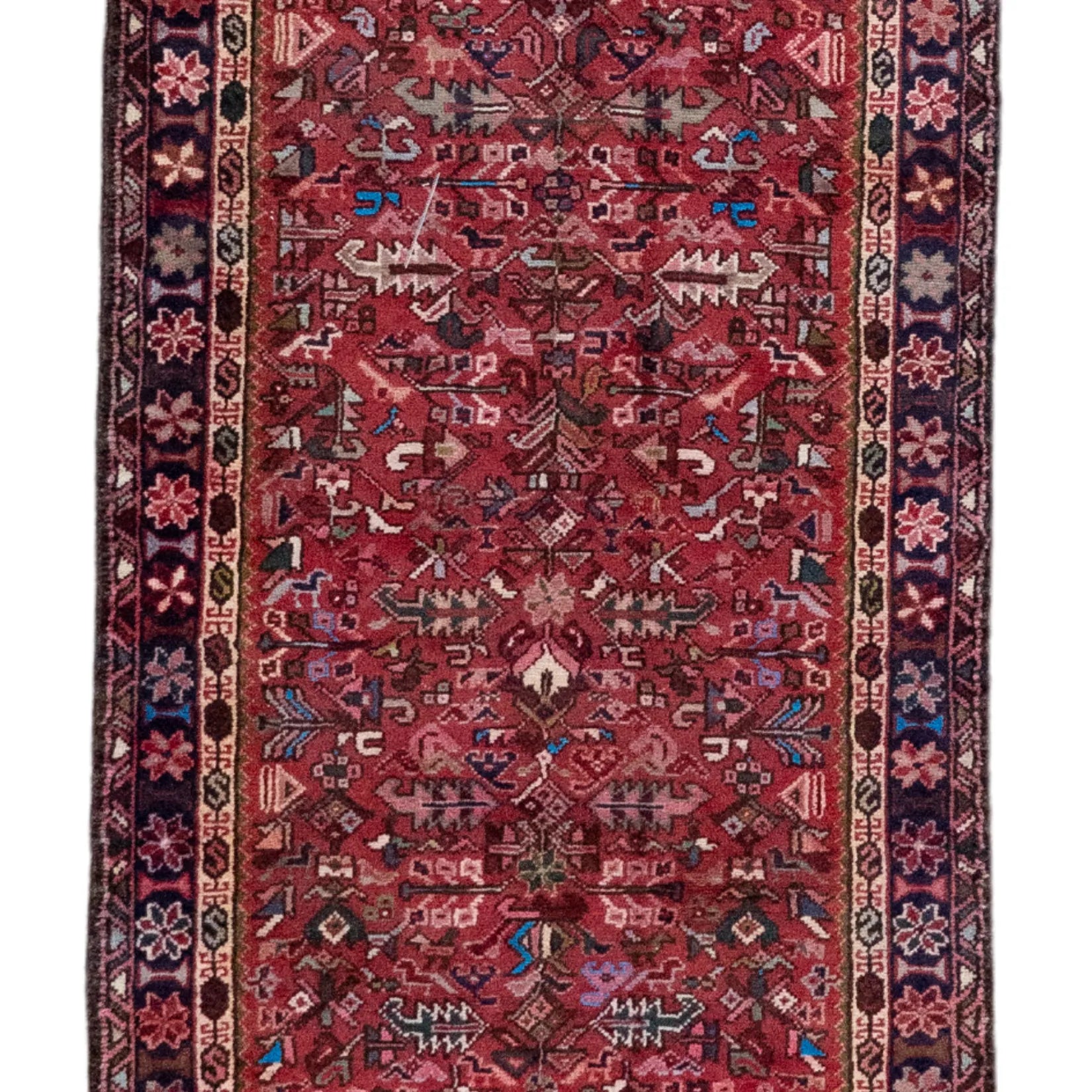 2' 11" x 8' 10" - RED AND NAVY KARAJEH GEOMETRIC PERSIAN RUG ( 89 x 269 CM )