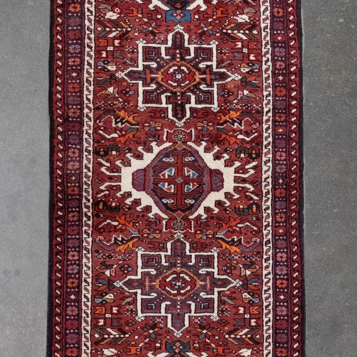 2' 7" x 12' 10" - RED AND NAVY KARAJEH GEOMETRIC PERSIAN RUG ( 79 x 391 CM )