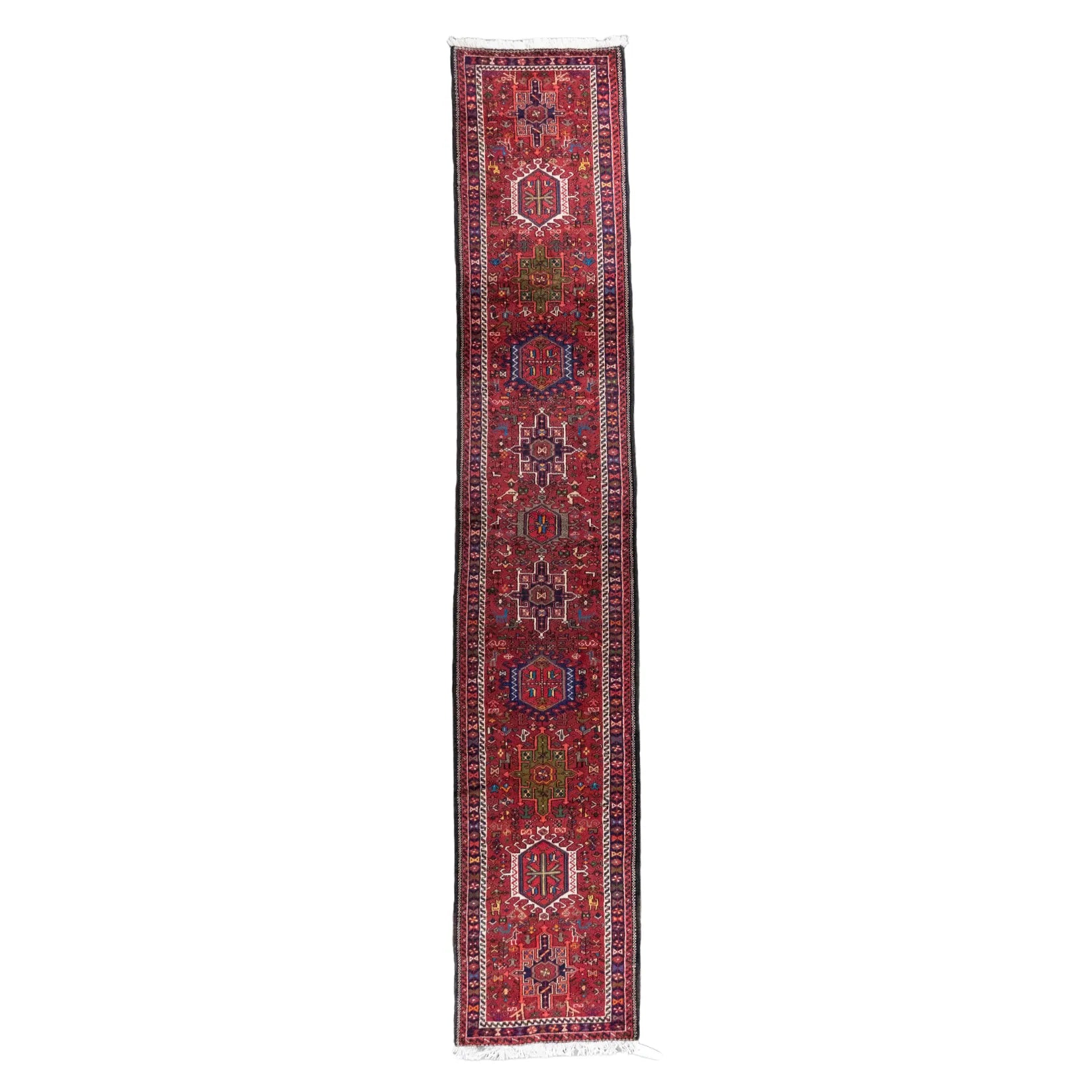 2' 6" x 13' 9" - RED AND NAVY KARAJEH GEOMETRIC PERSIAN RUG ( 76 x 419 CM )