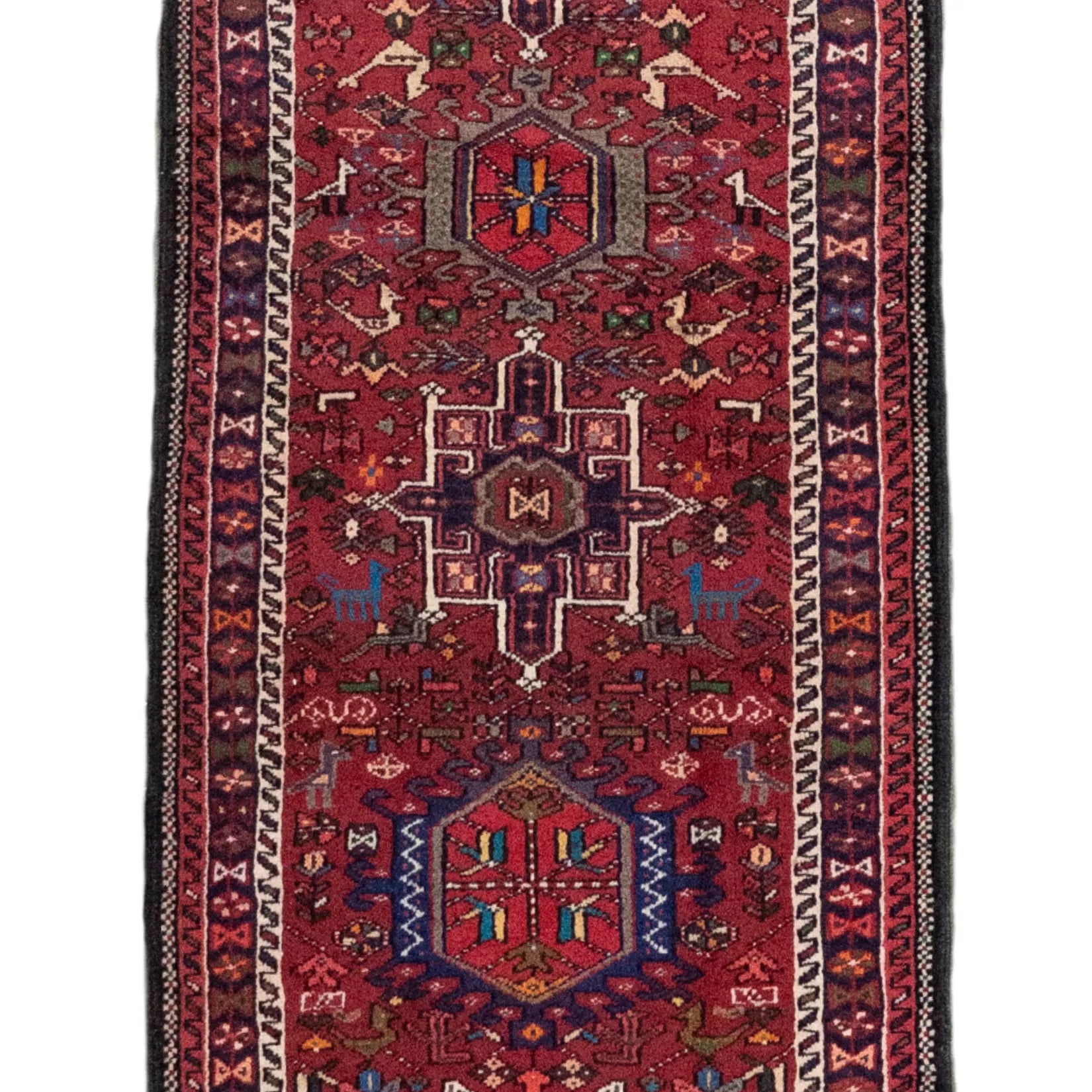 2' 6" x 13' 9" - RED AND NAVY KARAJEH GEOMETRIC PERSIAN RUG ( 76 x 419 CM )