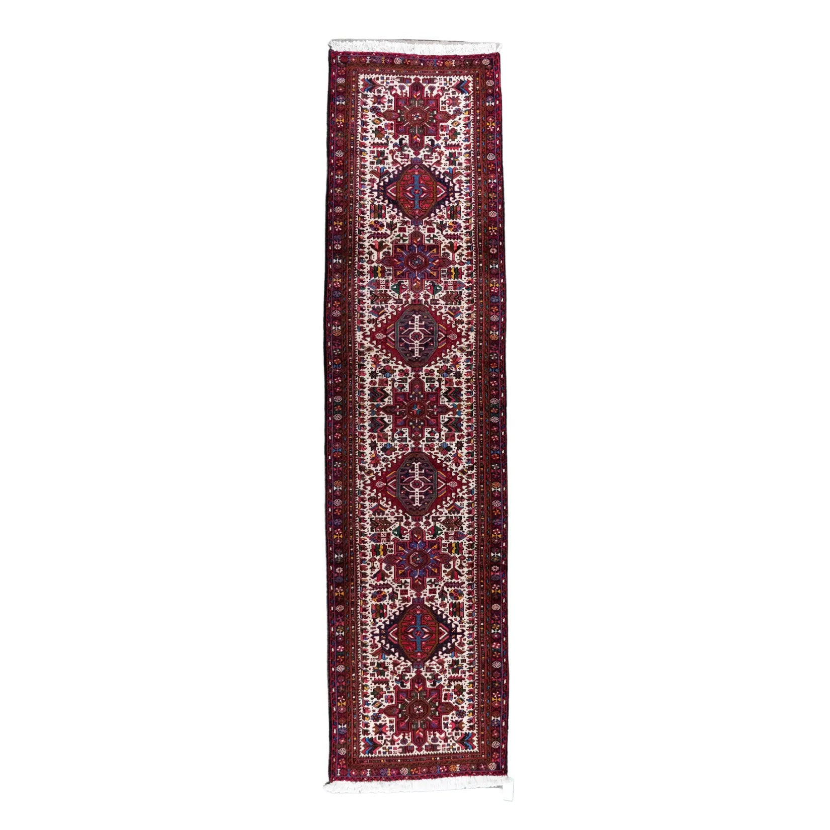 3' 0" x 12' 2" - RED AND BLUE KARAJEH GEOMETRIC PERSIAN RUG ( 91 x 371 CM )