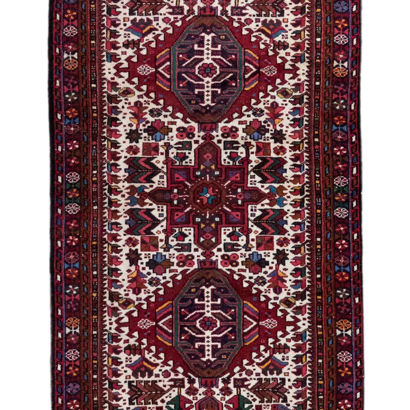 3' 0" x 12' 2" - RED AND BLUE KARAJEH GEOMETRIC PERSIAN RUG ( 91 x 371 CM )