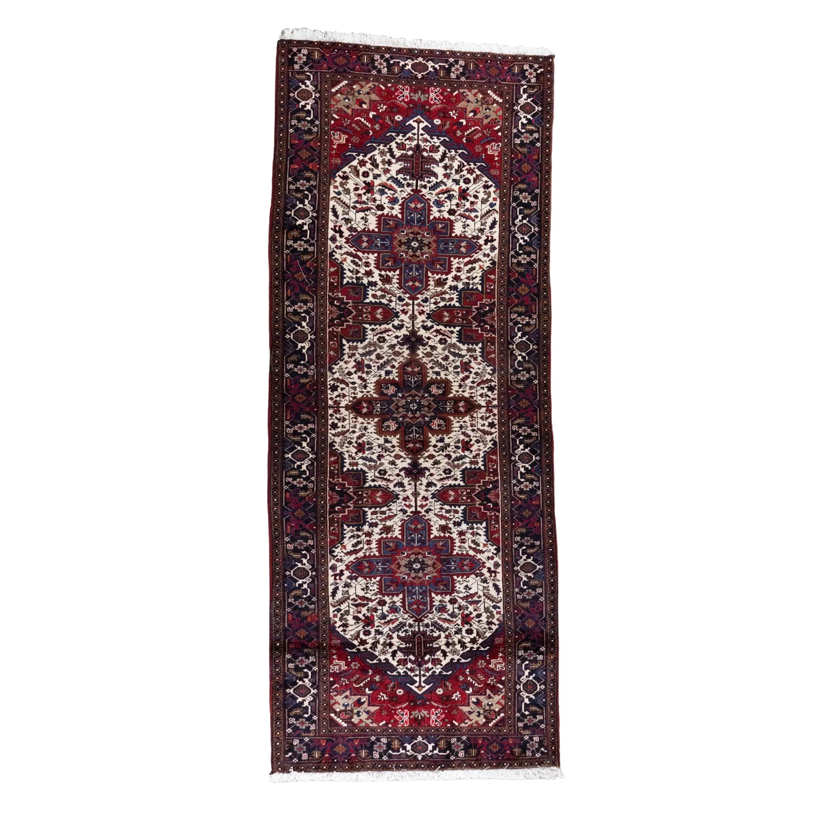 4' 11" x 12' 0" - RED AND NAVY HERIZ GEOMETRIC PERSIAN RUG ( 150 x 366 CM )