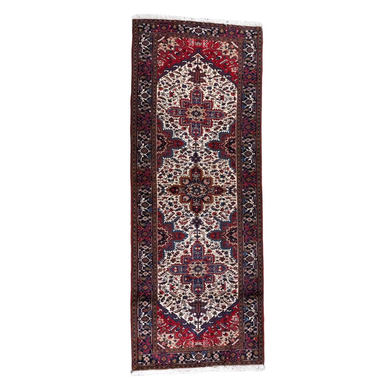 4' 11" x 12' 10" - RED AND NAVY HERIZ GEOMETRIC PERSIAN RUG ( 150 x 391 CM )