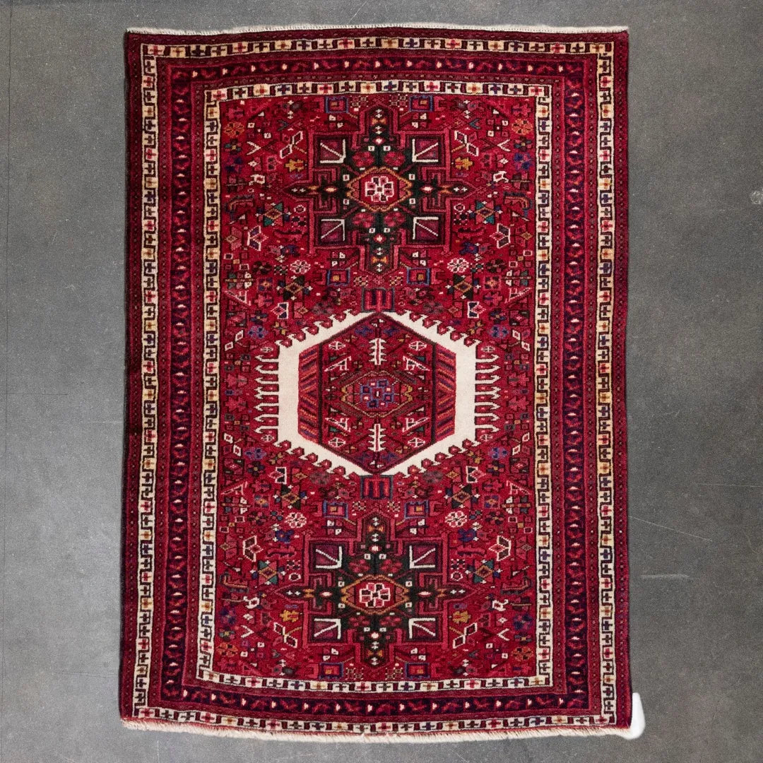 3' 7" x 4' 11" - RED AND RED KARAJEH GEOMETRIC PERSIAN RUG ( 109 x 150 CM )