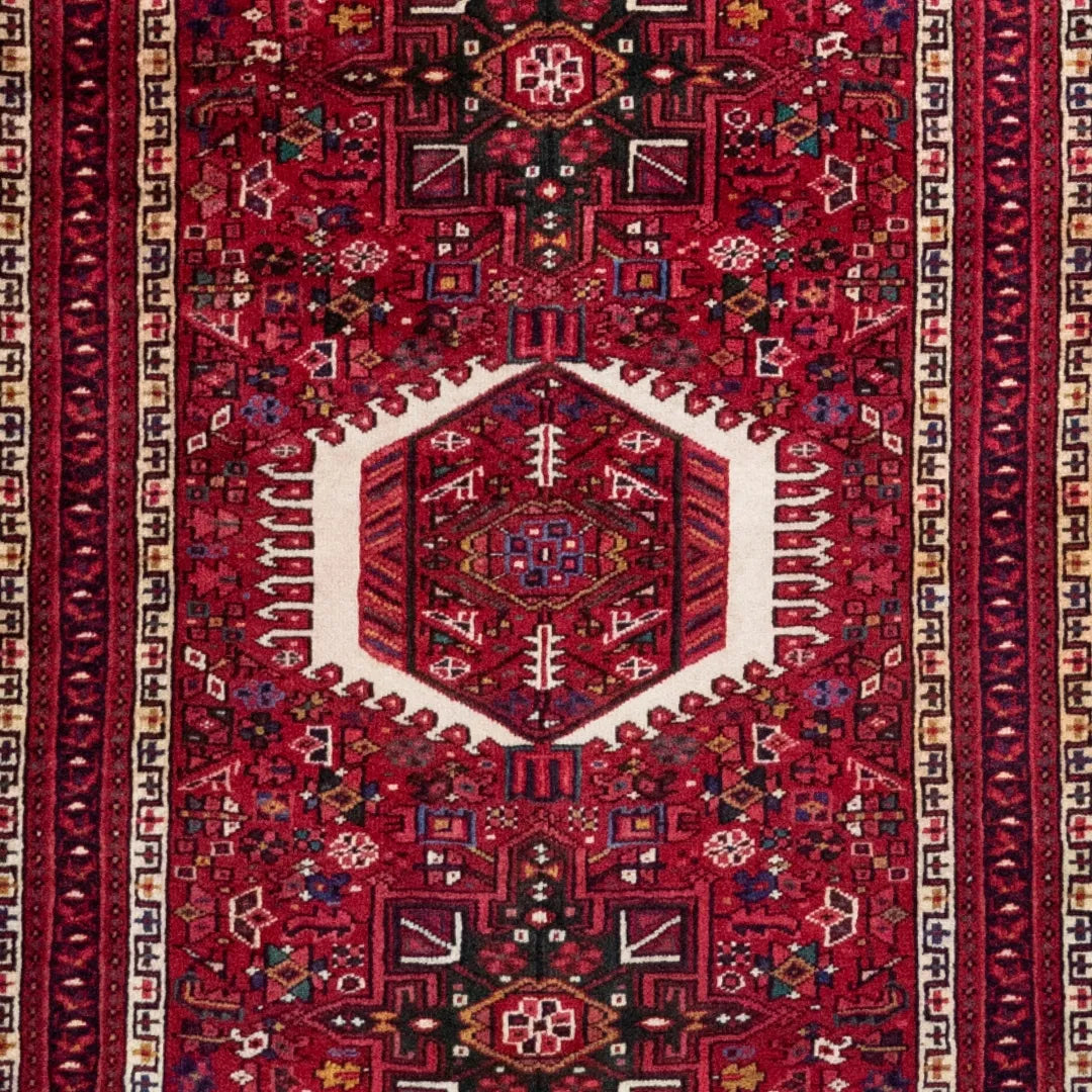 3' 7" x 4' 11" - RED AND RED KARAJEH GEOMETRIC PERSIAN RUG ( 109 x 150 CM )