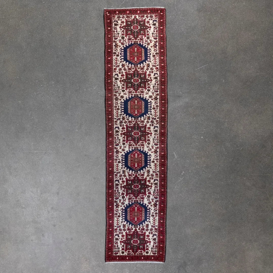 2' 4" x 9' 6" - BEIGE AND RED KARAJEH GEOMETRIC PERSIAN RUG ( 71 x 289 CM )