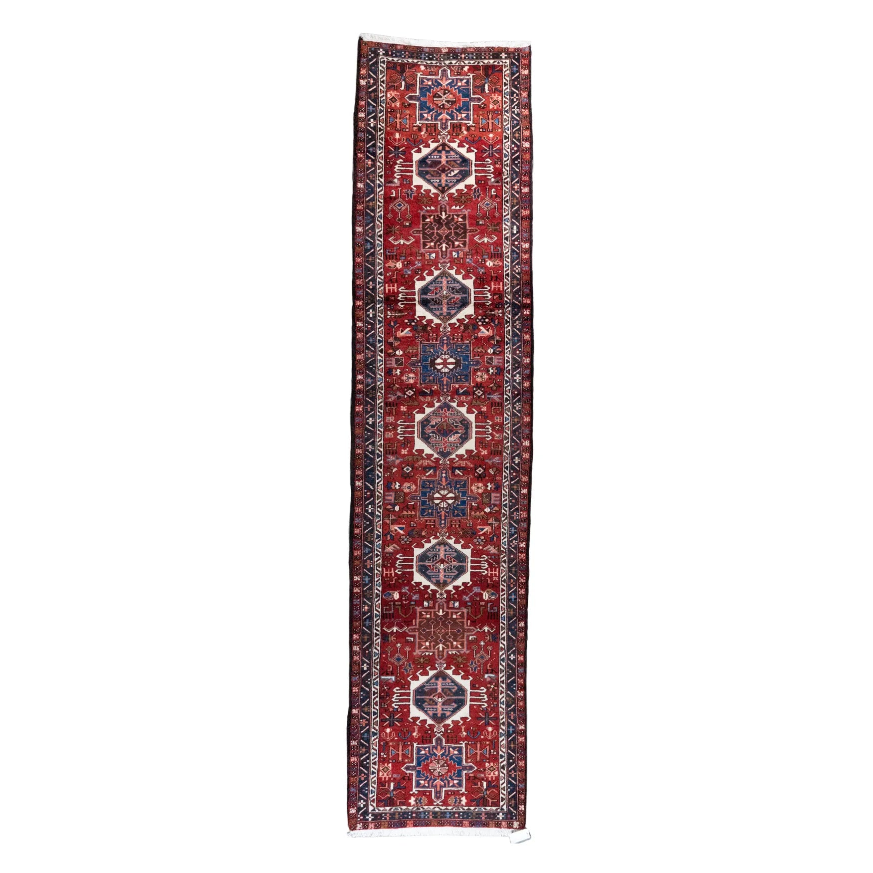 3' 3" x 14' 3" - RED AND NAVY KARAJEH GEOMETRIC PERSIAN RUG ( 99 x 434 CM )