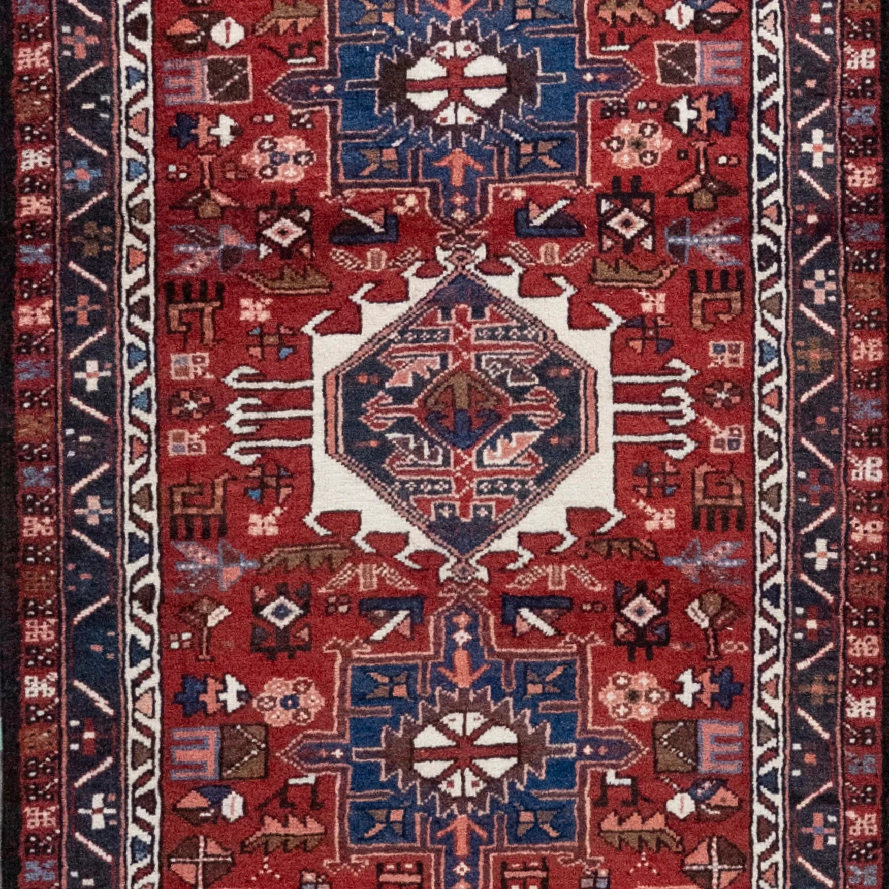 3' 3" x 14' 3" - RED AND NAVY KARAJEH GEOMETRIC PERSIAN RUG ( 99 x 434 CM )