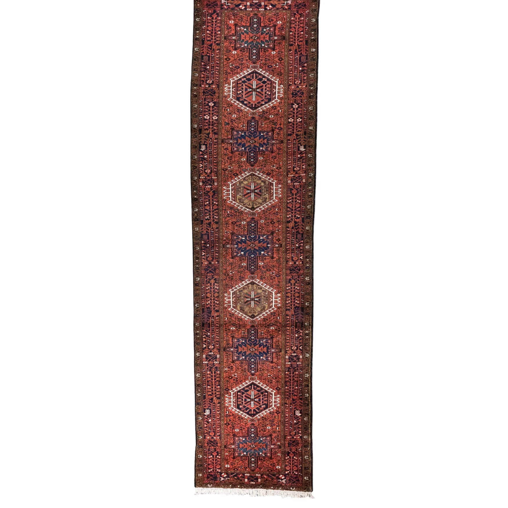 3' 7" x 14' 6" - RED AND BLUE KARAJEH GEOMETRIC PERSIAN RUG ( 109 x 442 CM )