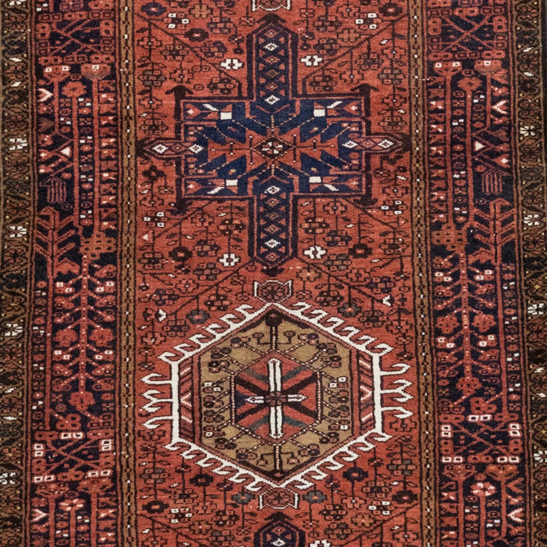 3' 7" x 14' 6" - RED AND BLUE KARAJEH GEOMETRIC PERSIAN RUG ( 109 x 442 CM )