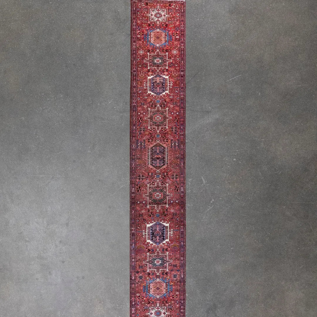 2' 7" x 15' 2" - RED AND NAVY KARAJEH GEOMETRIC PERSIAN RUG ( 79 x 462 CM )