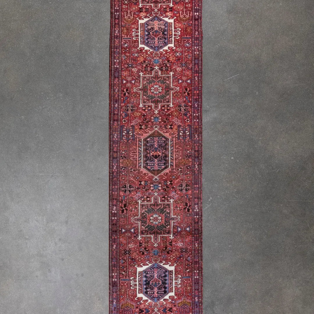 2' 7" x 15' 2" - RED AND NAVY KARAJEH GEOMETRIC PERSIAN RUG ( 79 x 462 CM )