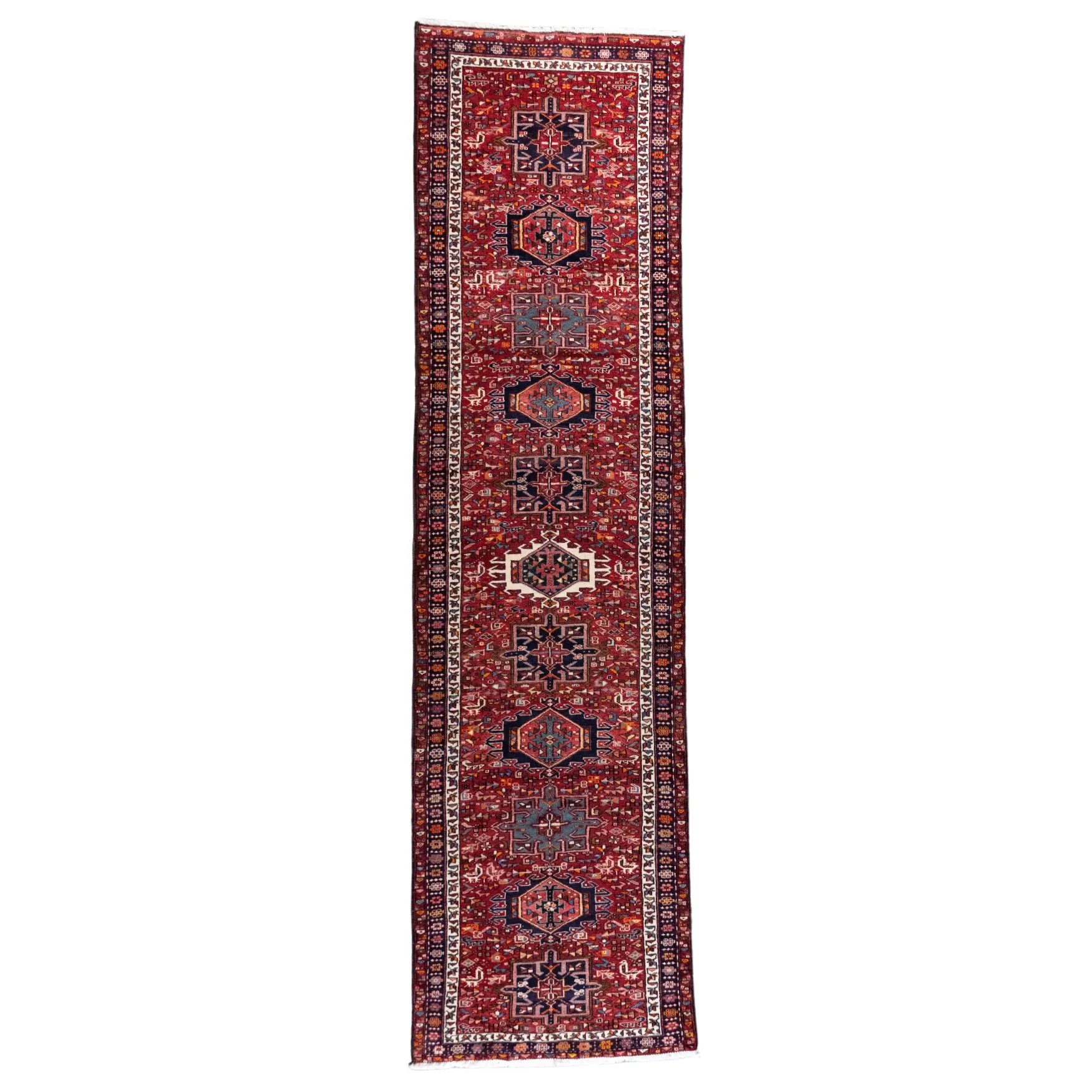 3' 8" x 13' 11" - RED AND RED KARAJEH GEOMETRIC PERSIAN RUG ( 112 x 424 CM )