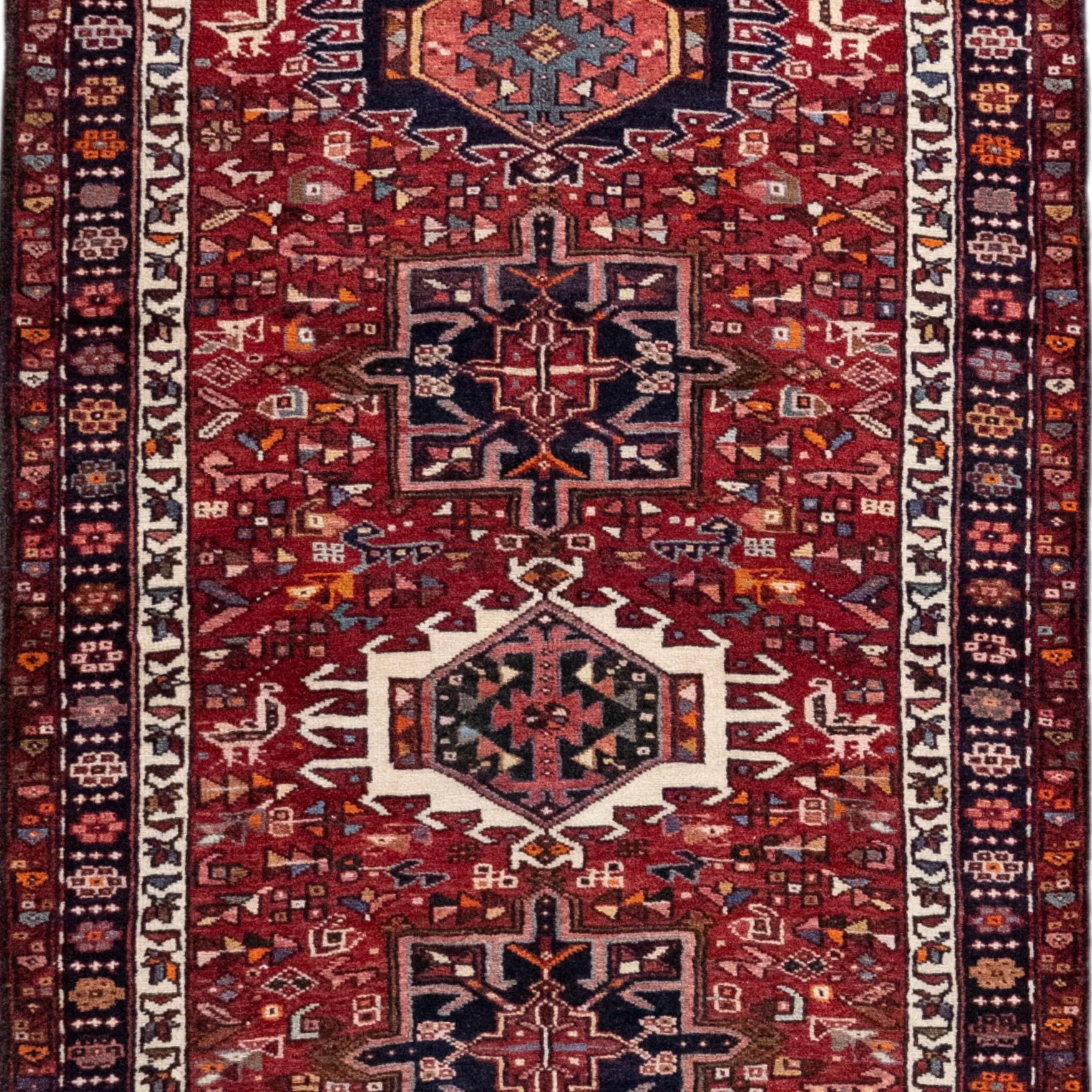 3' 8" x 13' 11" - RED AND RED KARAJEH GEOMETRIC PERSIAN RUG ( 112 x 424 CM )