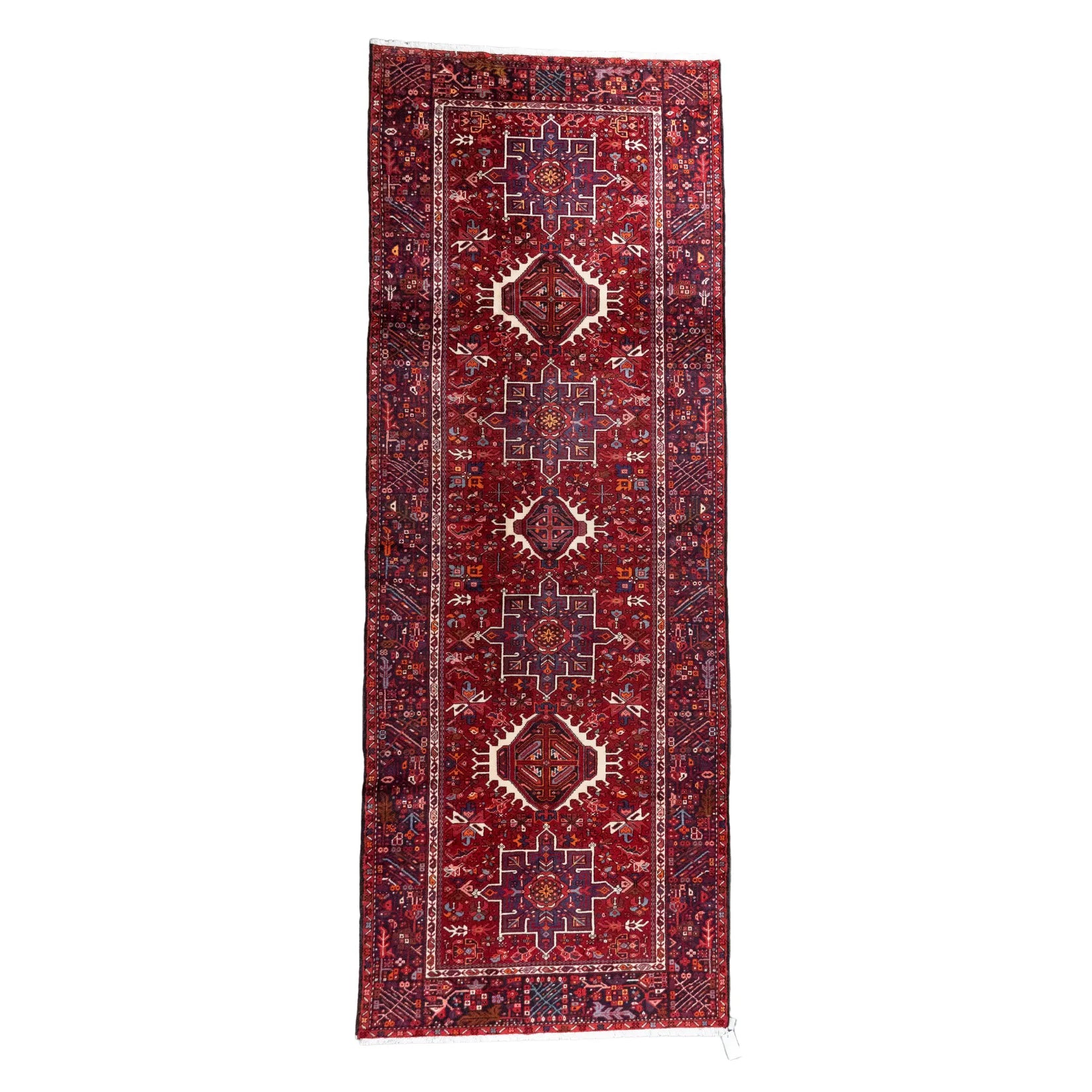 4' 10" x 13' 1" - RED AND BLUE KARAJEH GEOMETRIC PERSIAN RUG ( 147 x 399 CM )