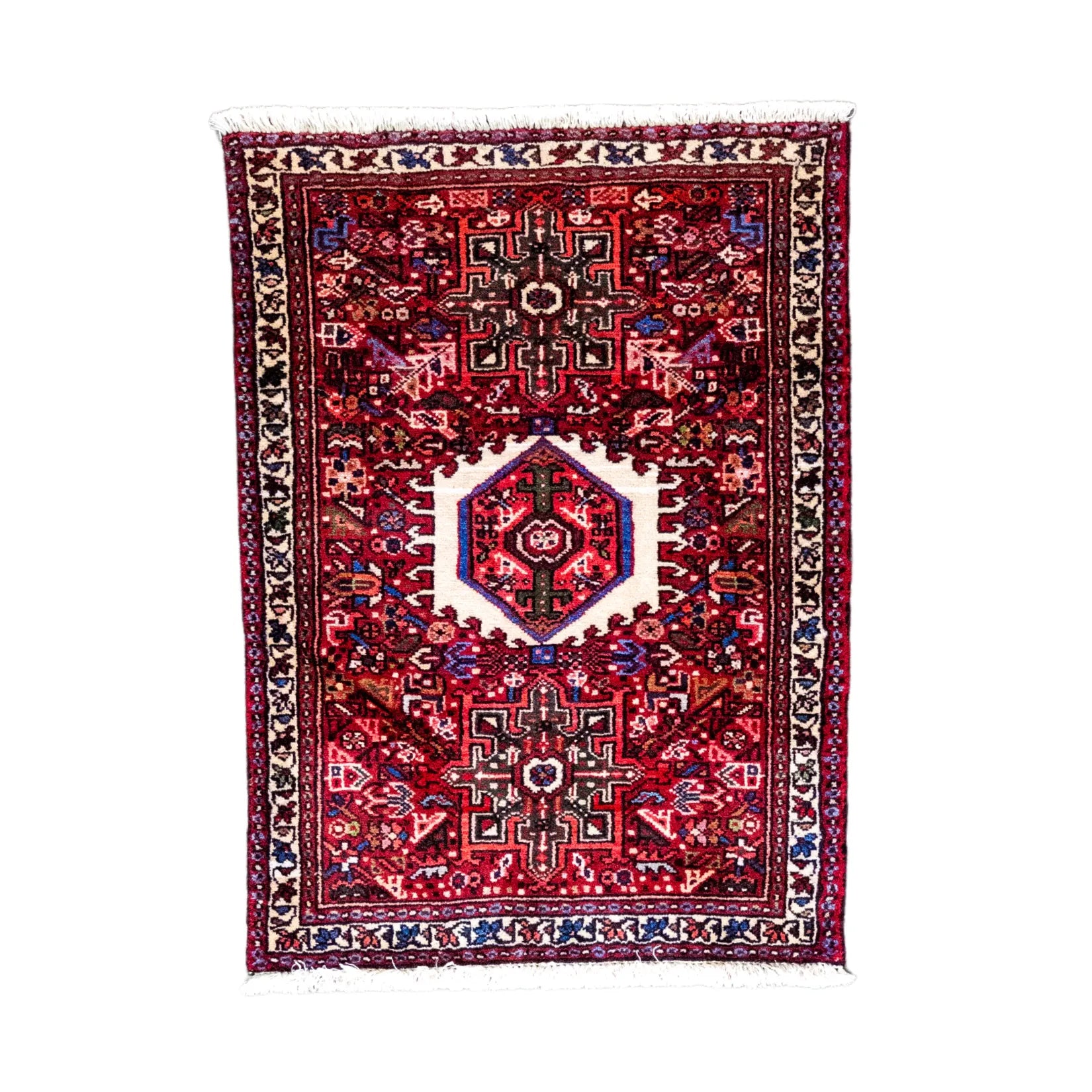 2' 1" x 3' 1" - RED AND NAVY KARAJEH GEOMETRIC PERSIAN RUG ( 63 x 94 CM )