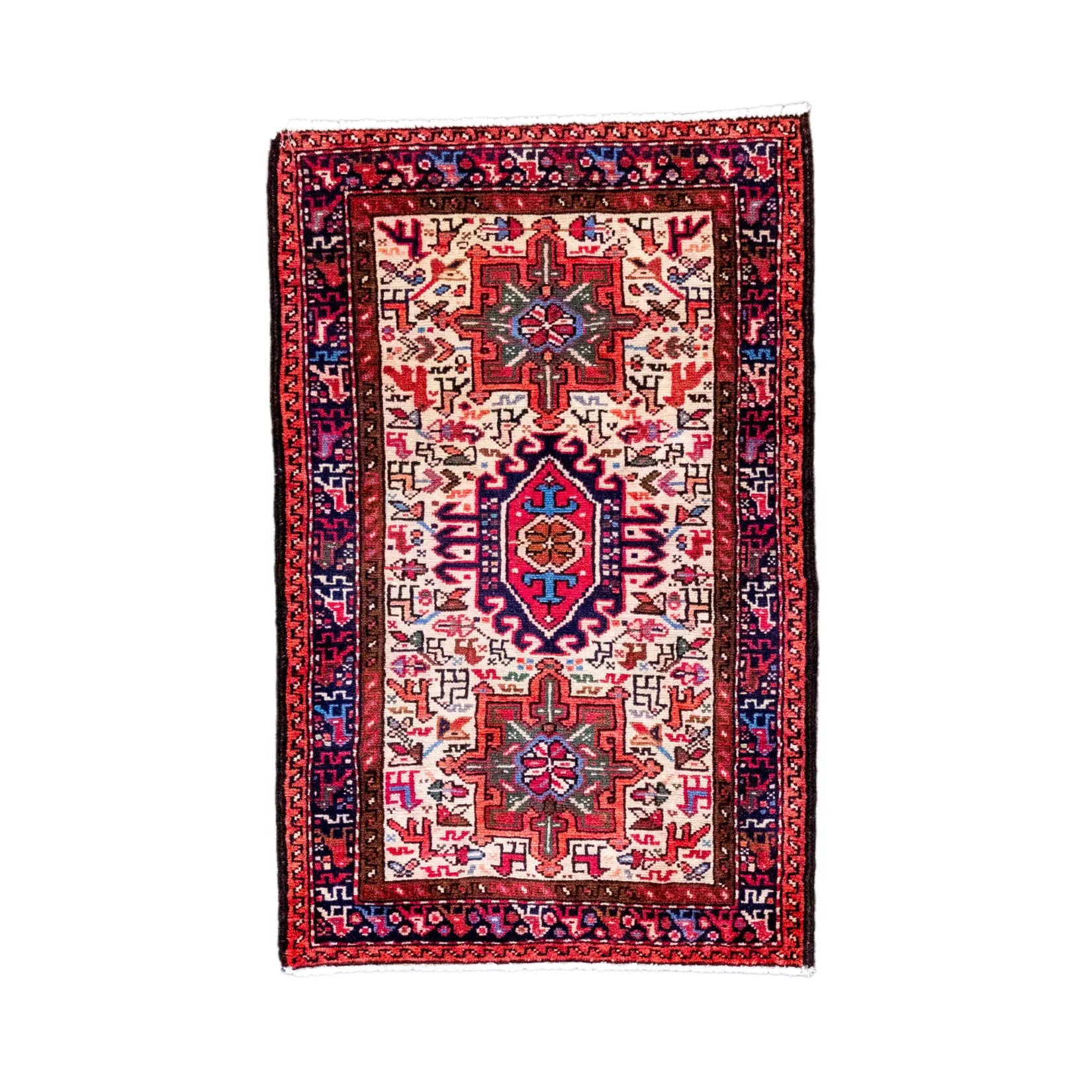 2' 1" x 3' 3" - RED AND NAVY KARAJEH GEOMETRIC PERSIAN RUG ( 63 x 99 CM )